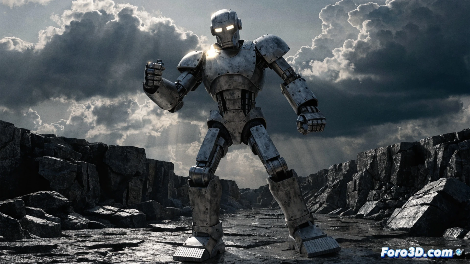 cinematic scene of a retro-futuristic humanoid robot with bulky riveted steel armor punching through a concrete wall during a city night patrol, sparks flying from exposed metal joints, mechanical gears visible in its forearms, hydraulic pistons contracting while debris scatters, glowing red eyes contrasting with matte grey metallic surface, photorealistic technical illustration, dramatic low-angle shot, industrial grime texture on steel plates, detailed bolt and panel line engineering, noir-style street lighting reflecting off polished shoulder pauldrons, action frozen mid-impact
