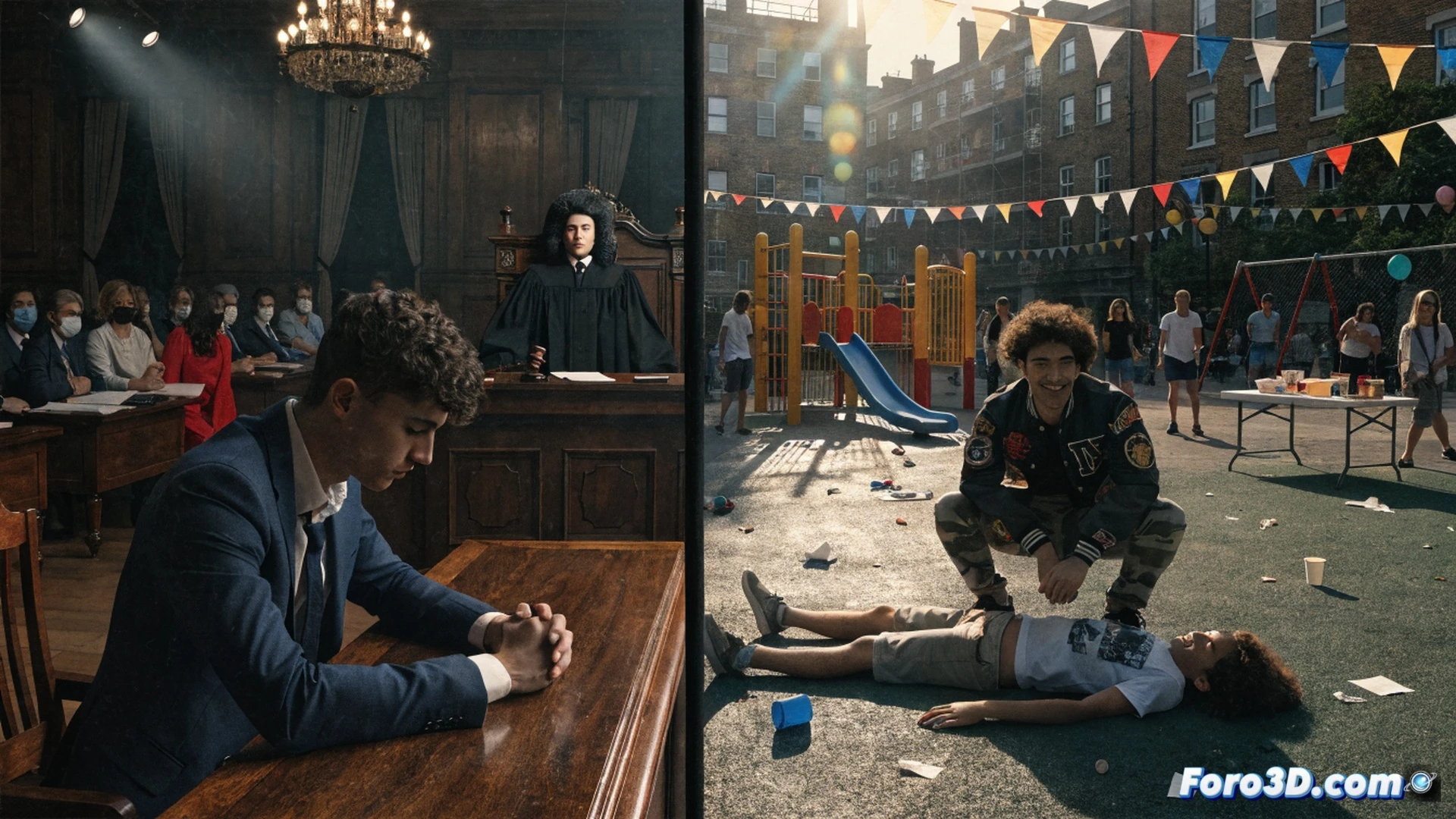 forensic evidence board in a London courtroom, a judge's gavel mid-strike on a wooden block, a CCTV monitor displaying a playground scene with children's swings and a metal fence, a young man in a grey prison uniform being led away by two officers, his handcuffed wrists visible, a family photo of a teenage boy in a school uniform placed on the courtroom desk, cinematic photorealistic render, cold blue and grey color palette, dramatic overhead lighting casting long shadows, ultra-detailed textures of wood grain and fabric, technical legal illustration style