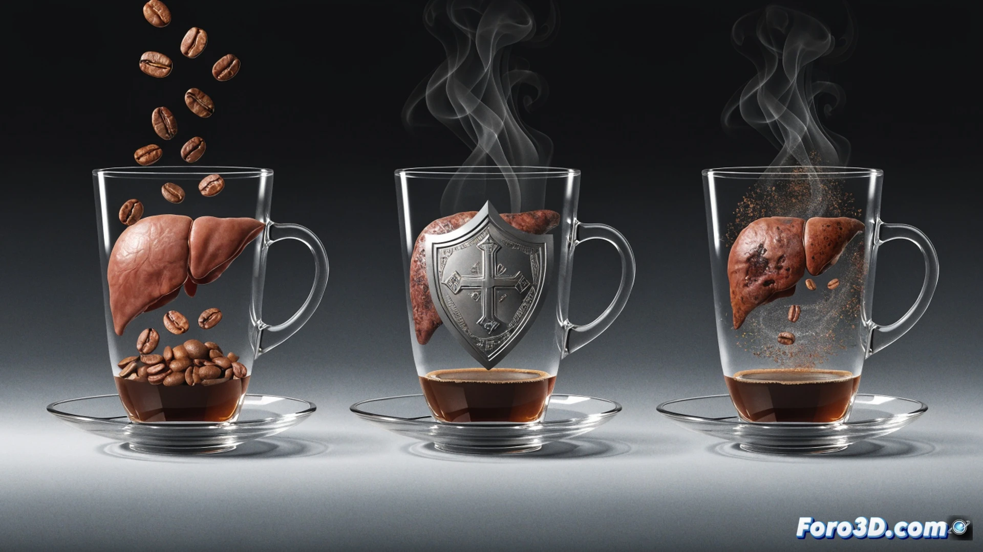 Cinematic medical visualization showing three steaming coffee cups arranged on a modern laboratory table, with a glowing transparent human liver model floating above them, protective green energy waves radiating from the liver towards surrounding disease particles, scientific monitors displaying liver enzyme graphs in background, photorealistic anatomical details, soft dramatic lighting from above, clean clinical environment, sharp focus on liver tissue texture while coffee aroma swirls interact with health indicators, technical illustration style with subtle bioluminescent highlights