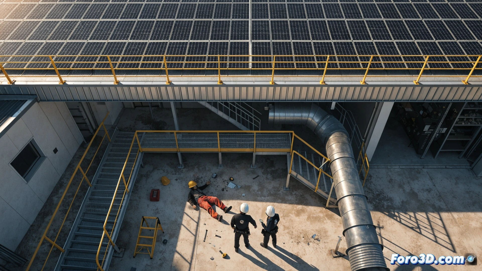 photorealistic cinematic scene of a female worker falling from an industrial rooftop while installing solar panels, safety harness detached from anchor point, broken tile pieces scattering in mid-air, solar panel sliding off sloped roof, tools falling like wrench and screwdriver, blue sky background with clouds, dramatic motion blur on limbs and debris, emergency vehicles approaching in distant parking lot, warning signs on roof edge, realistic sunlight casting long shadows, ultra-detailed textures of metal roofing and photovoltaic cells, engineering visualization style, high-contrast industrial lighting, freeze-frame action moment