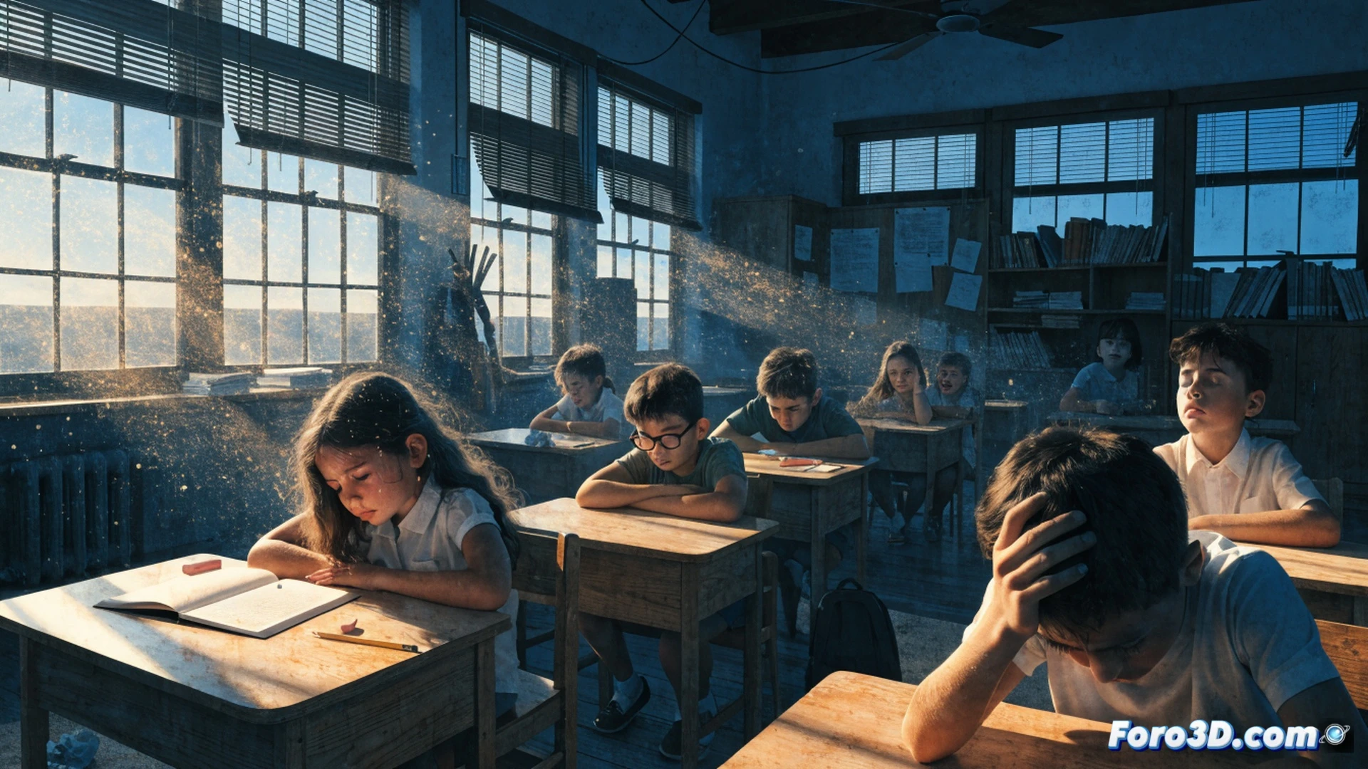photorealistic classroom scene showing children sweating in 35°C heat, teacher pointing at broken air conditioning unit, digital thermometer on wall displaying extreme temperature, window showing heatwave haze outside, children using paper fans while others drink water, technical architectural cross-section revealing missing insulation in ceiling, cinematic lighting with harsh sun rays streaming through windows, dust particles visible in hot air, contrast between modern tablets on desks and outdated ventilation system, ultra-detailed textures of peeling paint and sweating glass, dramatic documentary style, wide-angle lens capturing entire classroom struggle
