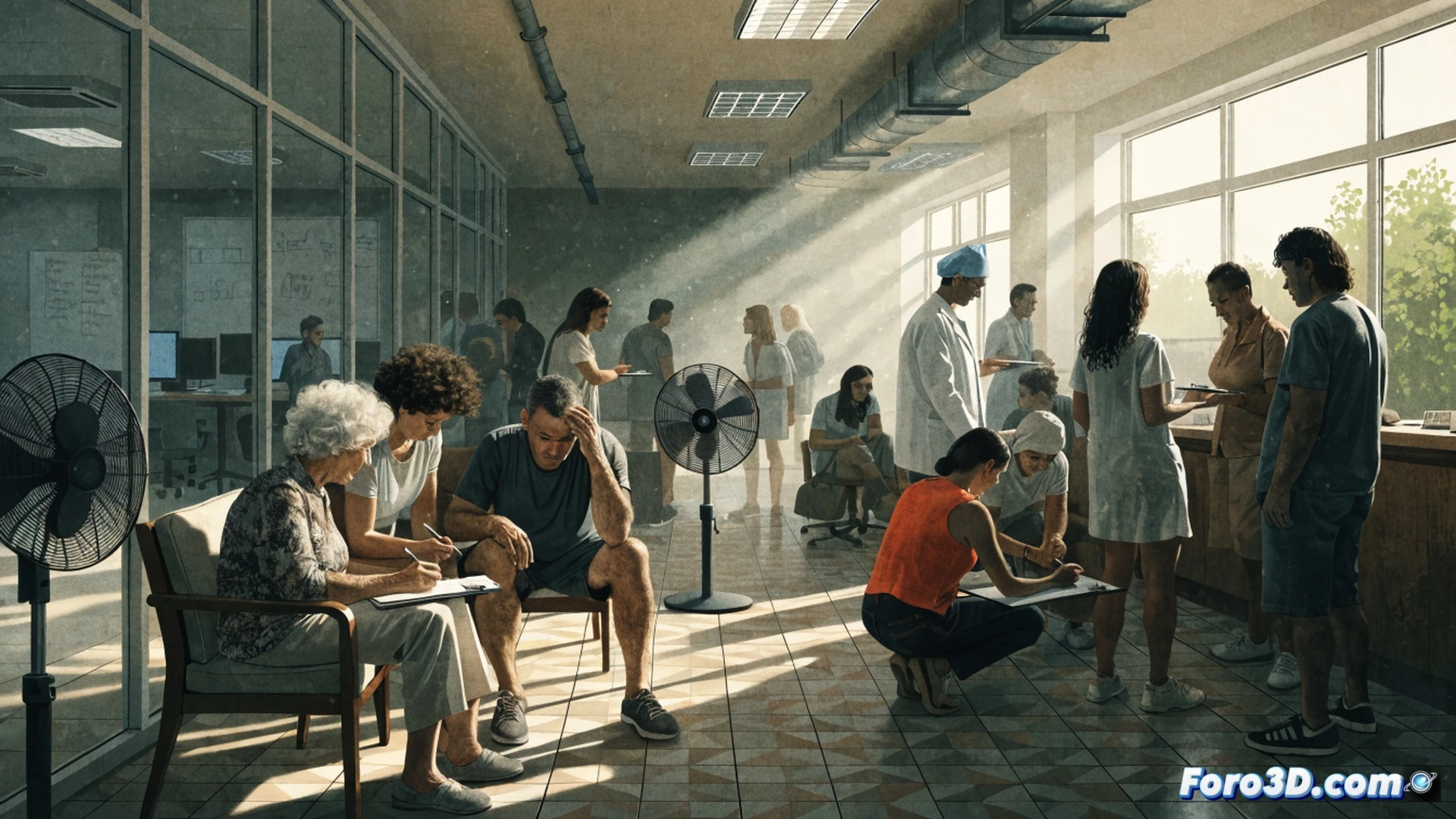 overcrowded medical waiting room in Delicias Norte health center, two small floor fans spinning weakly, patients fanning themselves with paper forms, elderly woman wiping sweat from forehead, broken air conditioning unit on wall with visible warning light and disconnected cables, temperature gauge on wall showing 38 degrees Celsius, technical illustration style, photorealistic medical facility interior, harsh fluorescent lighting, warm orange heat haze rising from bodies, distressed expressions, dust particles floating in stagnant air, cinematic documentary aesthetic, ultra-detailed clinical environment