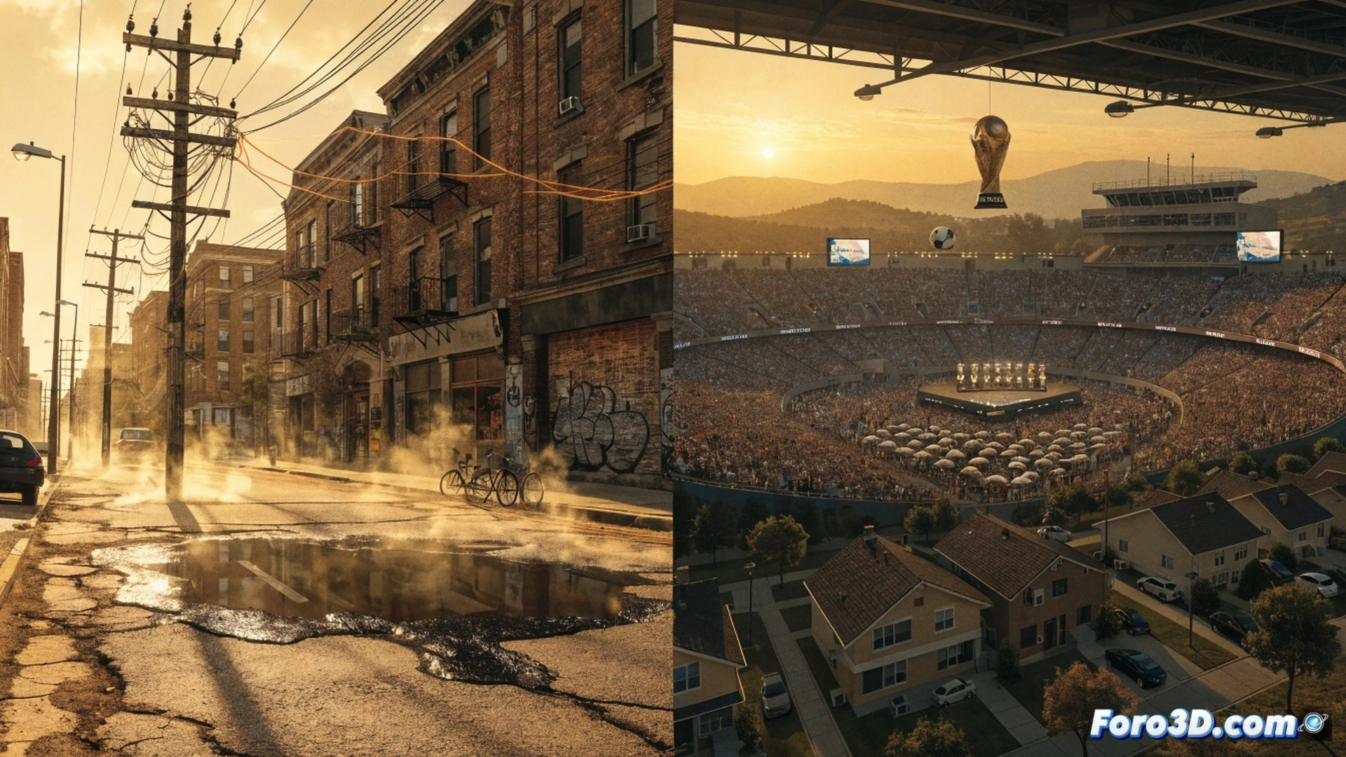 Cinematic photorealistic scene of a US city street during a record heatwave, air conditioner units on building rooftops overheating and emitting steam, a utility pole with transformers sparking under strain, a family fanning themselves on a porch while a digital thermometer shows extreme temperature, power lines sagging under heat, cracked asphalt, distant fireworks display cancelled with empty festival stands, dramatic haze and orange sunset, hyper-detailed urban textures, emergency generator visible in background, technical illustration style