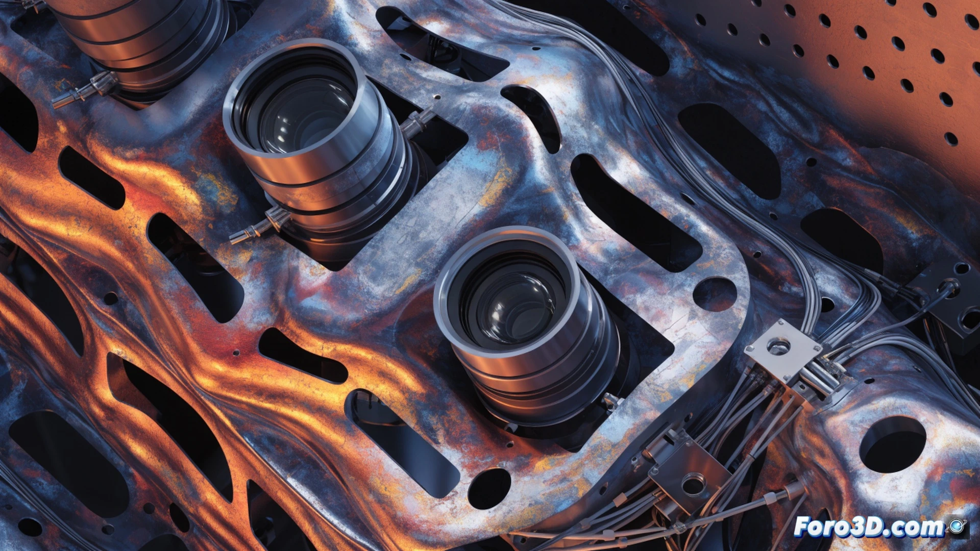 metallic camera housing deforming under intense solar simulation, glowing heat gradients creating visible warping on the chassis surface, red-to-blue thermal contour lines overlapping the distorted structure, GOM Inspect software interface reflected on a nearby monitor showing non-linear deviation data, engineering workspace with thermal imaging tools and stress analysis equipment, cinematic engineering visualization, dramatic side lighting emphasizing the twisted metal panels, photorealistic technical render, ultra-detailed mechanical components, subtle smoke rising from overheated joints