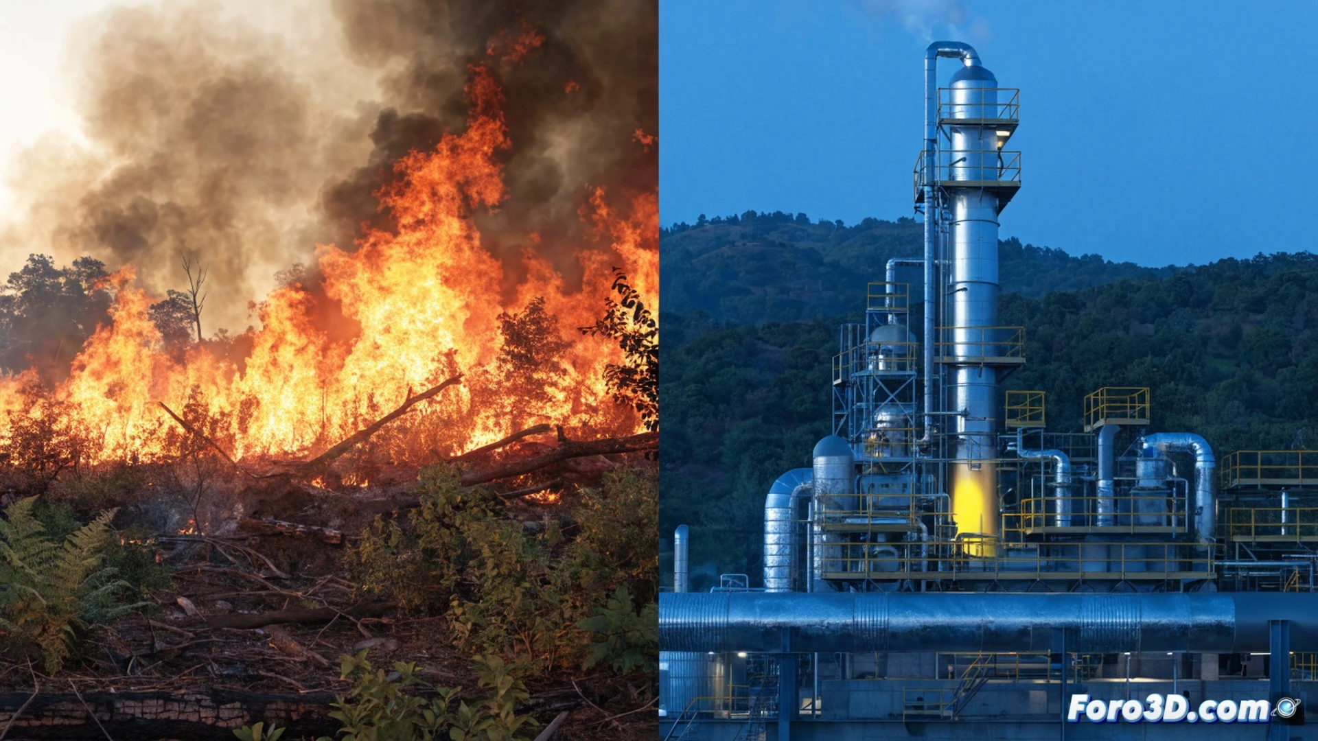 French landscape with a split view, left side showing a forest fire approaching suburban homes, flames consuming dry pine trees while firefighters struggle with inadequate equipment, right side showing an oil refinery complex with thick smoke rising from chimneys and a government building with documents labeled fossil fuel subsidies, a graph on a digital screen showing rising temperatures and fire frequency, photorealistic cinematic style, dramatic orange and gray color palette, smoke drifting across the scene, ultra-detailed environmental destruction, technical visualization of climate feedback loops