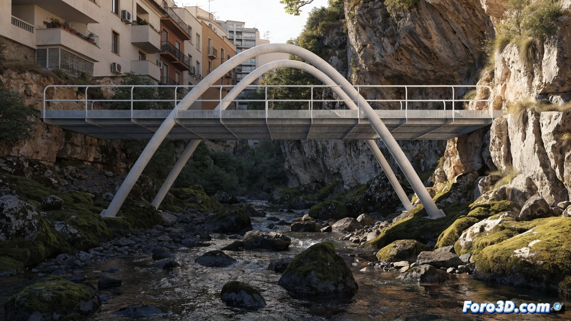 construction workers installing steel bridge beams over dry riverbed of riera de Maspujols, parallel to tram tracks, cyclists and pedestrians crossing new pedestrian bridge while a person on scooter waits at the former dead-end of Mas Clariana, bright midday sun casting long shadows, yellow safety barriers and orange traffic cones marking the construction zone, technical engineering visualization showing steel truss structure, concrete abutments, and asphalt pathway, photorealistic architectural render, clean geometric lines, urban integration context, wide-angle perspective capturing bridge length and tram line proximity, ultra-detailed metal textures, realistic landscape lighting, cinematic composition