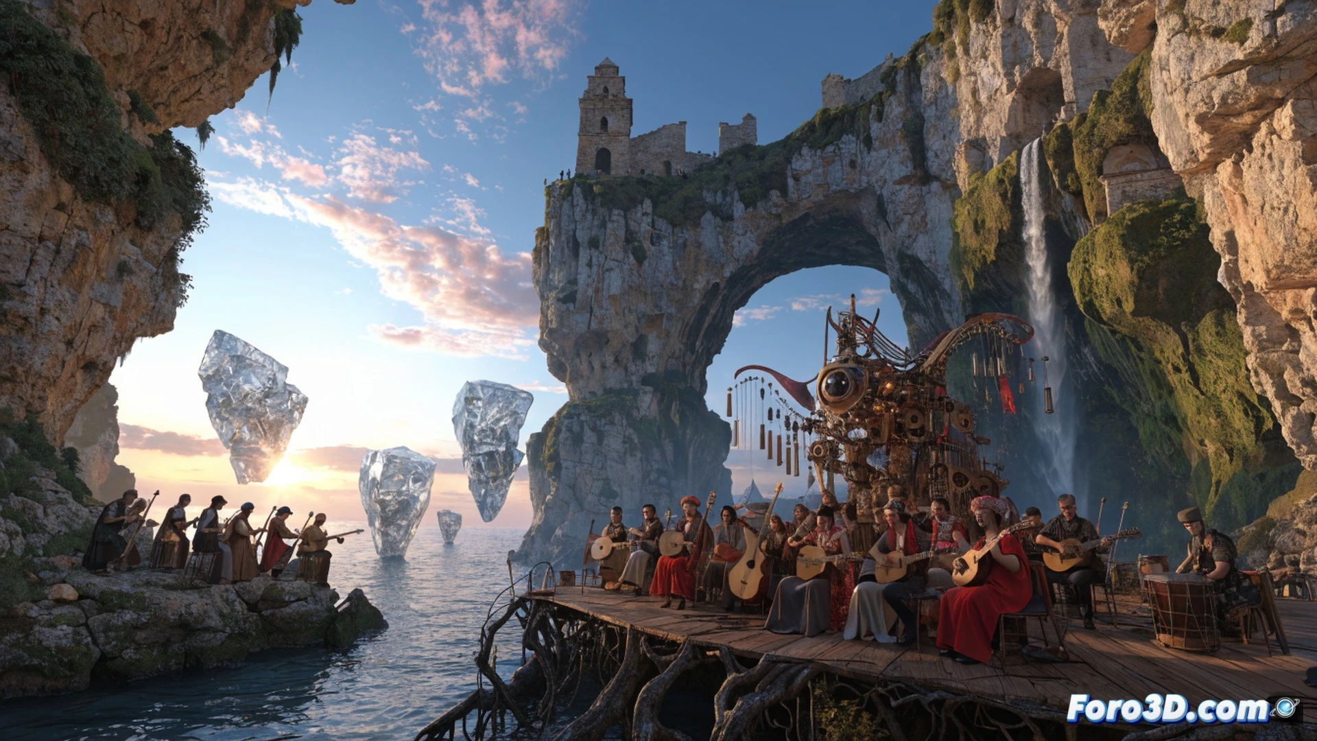 Mediterranean sunset over Palma bay, stone arches of ses Voltes framing a small outdoor stage, acoustic guitar strings vibrating mid-stride during a live concert, musicians performing under warm golden light, audience seated on ancient cobblestones, Castell de Bellver visible on distant hill, sound waves visualized as translucent glowing rings emanating from speakers, mixing console with faders moved mid-adjustment, cables snaking across stone floor, cinematic photorealistic render, dramatic chiaroscuro lighting, ultra-detailed stone textures, warm amber and deep blue color palette, motion blur on strumming hand.