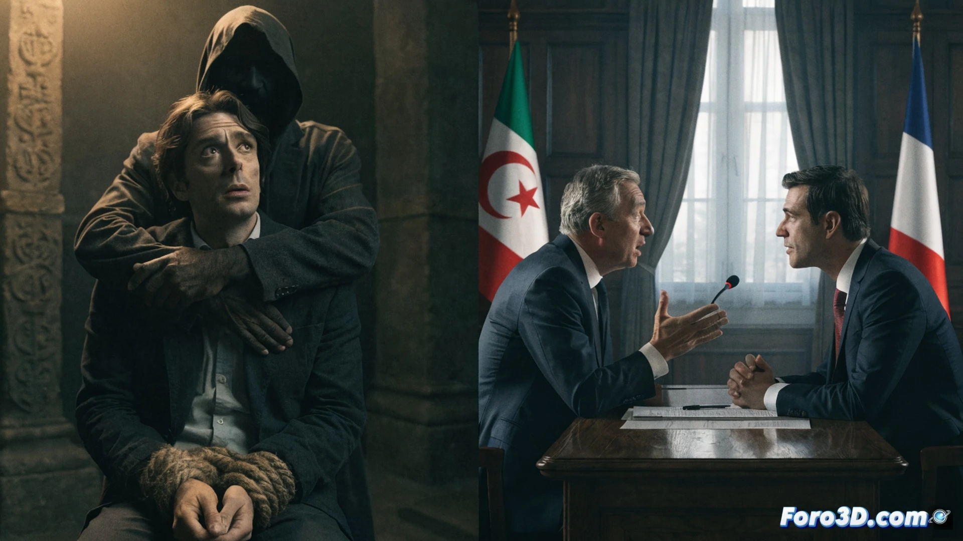 diplomatic negotiation room, two officials exchanging a passport and a handcuffed journalist figure, scales of justice tipping between an Algerian consular agent and a French reporter, secure document folders on table, encrypted laptop screen showing prisoner swap details, cinematic geopolitical thriller style, tense atmosphere, shadowy figures in suits, brass desk lamp casting dramatic light, photorealistic political negotiation scene, high-contrast lighting, deep focus on hands exchanging objects