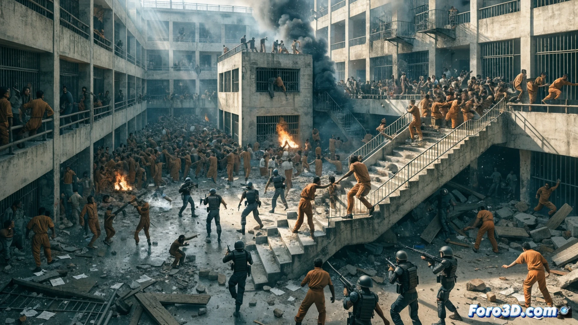 Prison riot scene in Negombo jail, overcrowded cellblock with inmates pushing against rusted iron bars, broken furniture and torn mattresses scattered on concrete floor, guards in tattered uniforms struggling to separate two groups of prisoners, one group in orange jumpsuits labeled convicted, other in white shirts labeled remand, emergency lights flickering red, broken water pipes spraying, fists raised mid-swing, blood splatters on walls, collapsed security camera hanging from ceiling, cinematic photorealistic style, dramatic chiaroscuro lighting, wide-angle lens, chaotic motion blur, dust particles in air, industrial prison architecture, claustrophobic corridor
