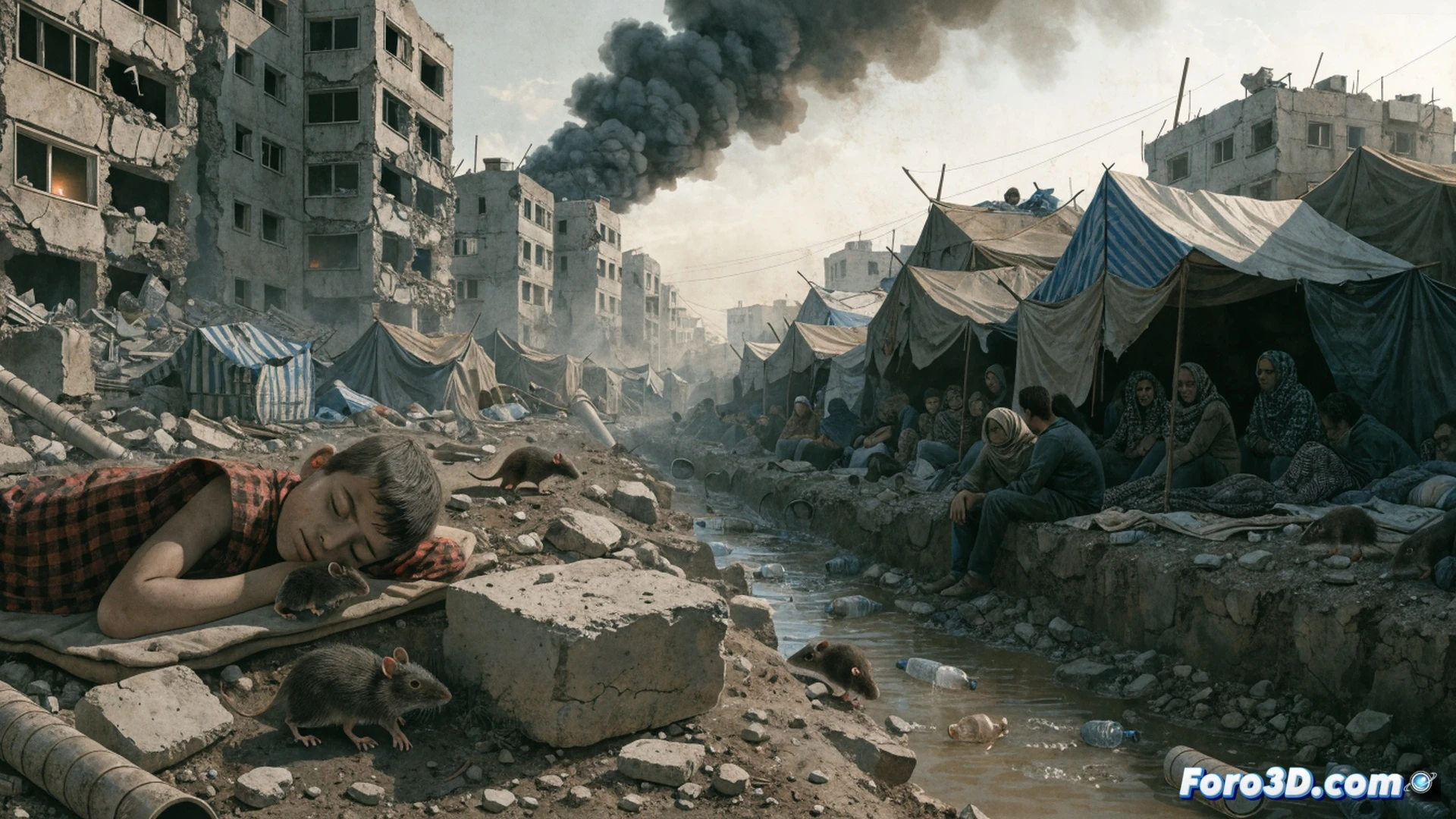 Aerial view of destroyed Gaza city blocks, collapsed concrete buildings reduced to rubble piles, displaced families crowded between tents and open sewage channels, rats crawling near sleeping children on thin mattresses, broken water pipes leaking into muddy streets, photorealistic cinematic documentary style, overcast dusty atmosphere, wide-angle devastation showing total urban destruction, smoke haze mixing with sewage stench visualised as brown fog, humanitarian crisis scene, ultra-detailed textures of debris and torn fabric, dramatic somber lighting, no visible text or symbols