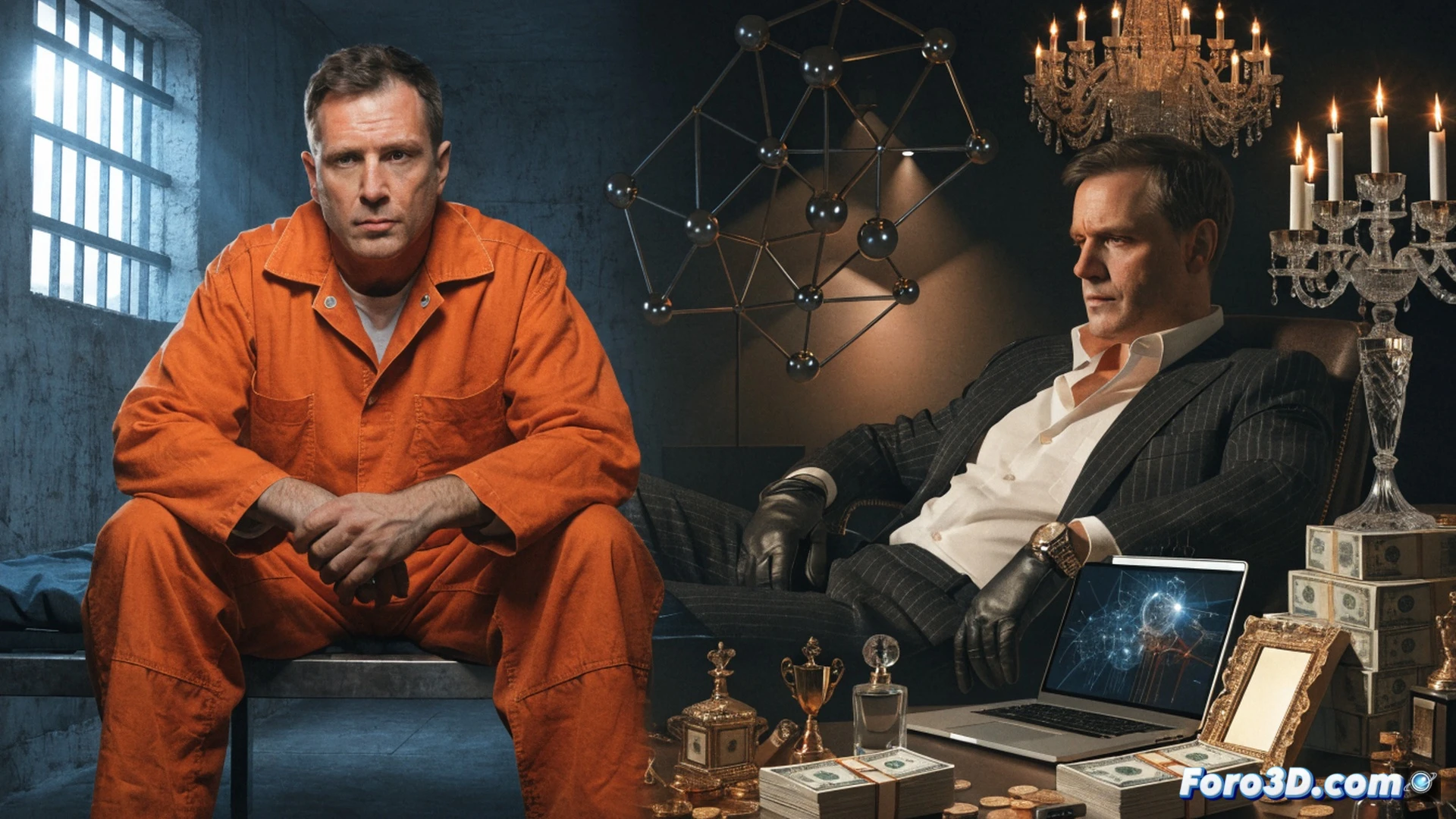 cinematic scene of a futuristic film director s hands typing on a laptop, laptop screen showing a Netflix logo transforming into a cascade of dollar bills, bills morphing into luxury car keys and a diamond watch, while a judge s gavel descends into frame, money flowing through a digital pipeline into a prison cell, photorealistic technical illustration, dark blue and gold color scheme, dramatic courtroom lighting, metallic surfaces reflecting light, motion blur on falling currency, ultra-detailed textures on keys and watch, cinematic legal visualization