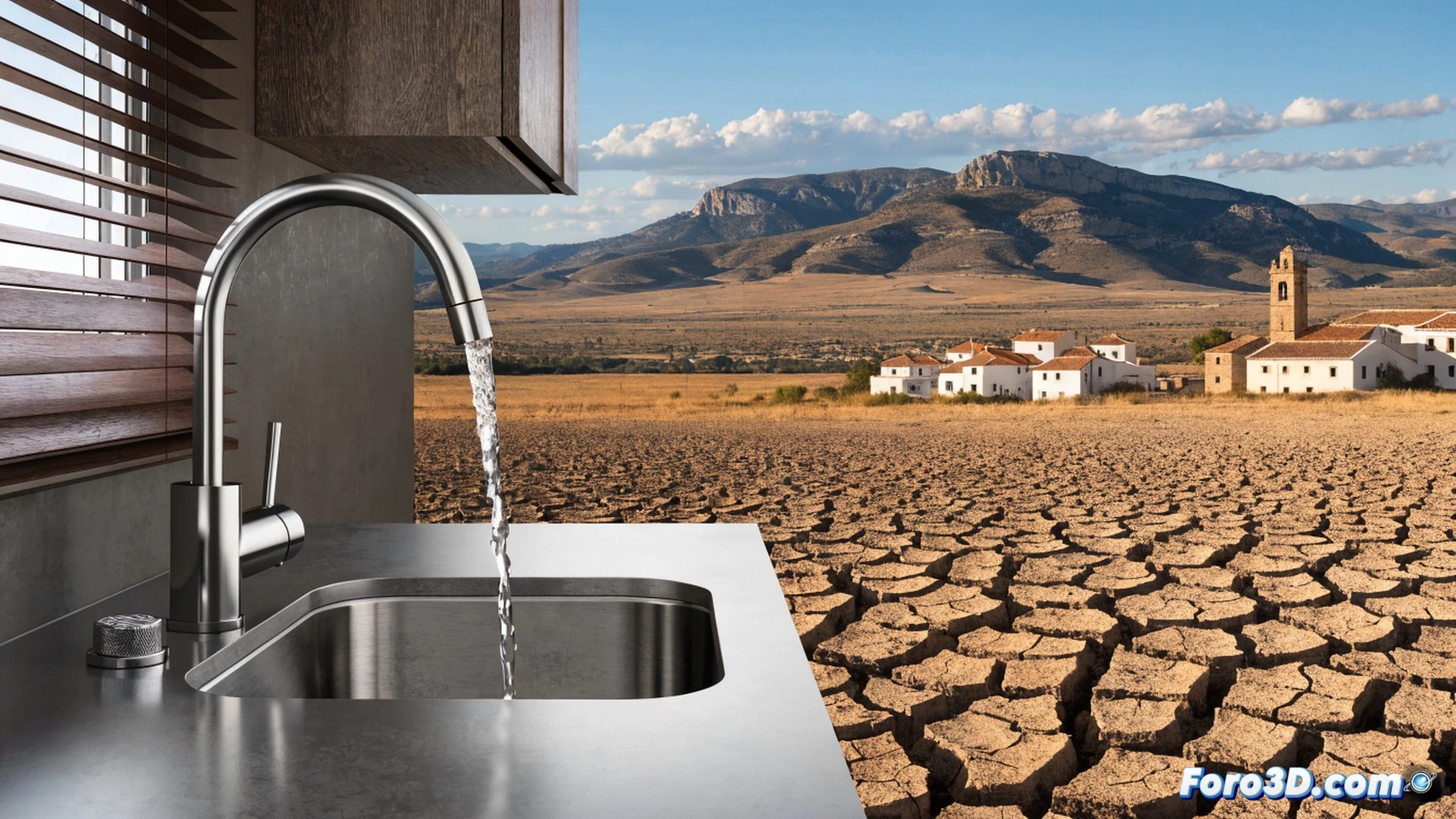 realistic water meter display showing 172 liters accumulating rapidly, a hand adjusting a dripping faucet with a wrench, water droplets falling into a measuring cylinder, a digital tablet displaying a rising water bill graph with red warning indicators, kitchen sink with full dishwasher and running tap in background, cinematic technical illustration, dramatic shadows, blue and grey industrial color palette, photorealistic engineering visualization, high-contrast lighting on metallic surfaces