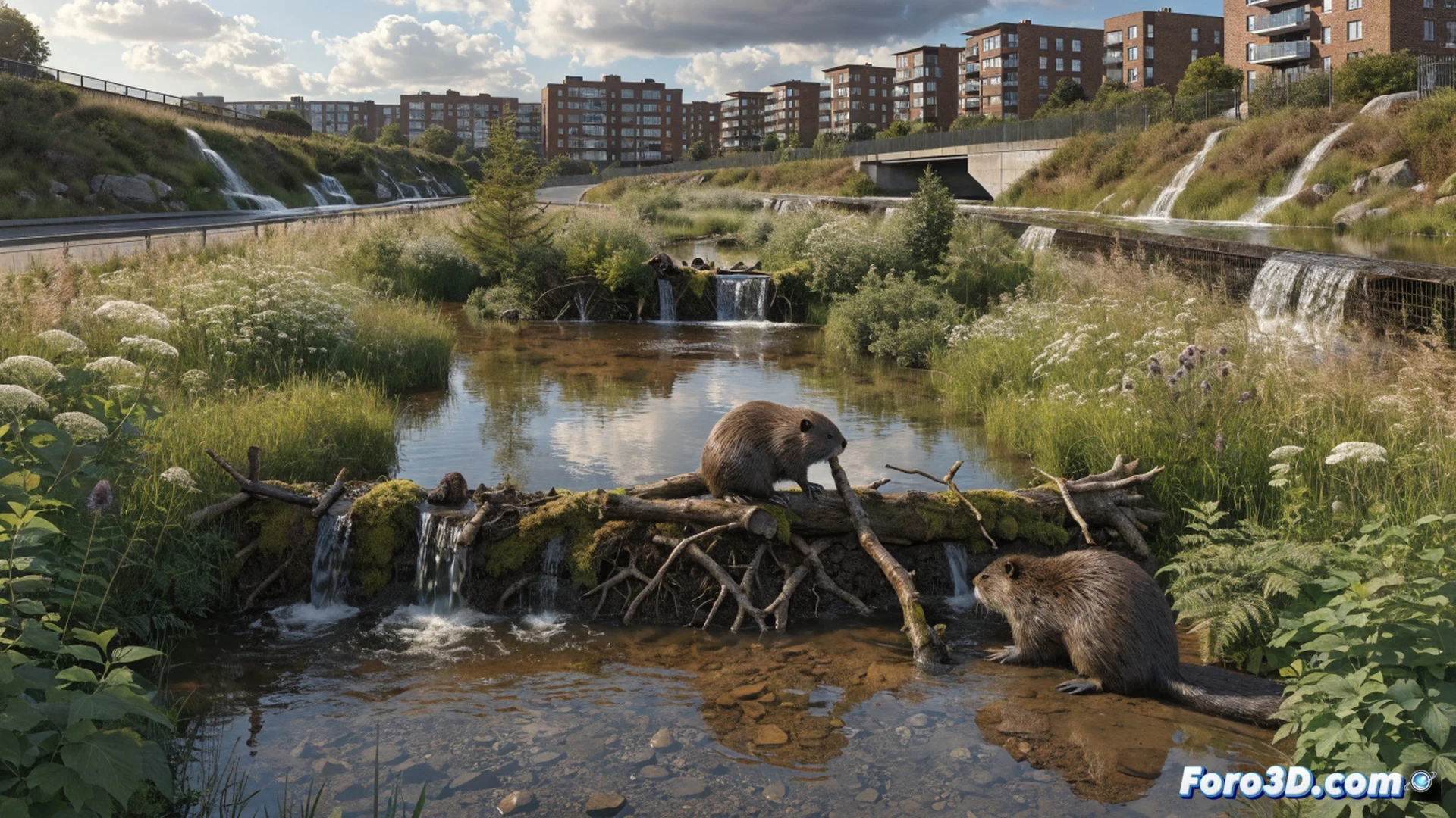 A beaver colony actively constructing a wooden dam across a city stream in west London, muddy water pooling behind the structure while stormwater runoff flows from a nearby urban drainage pipe, a flooded subway station entrance visible in the background with dry ground near the beaver pond, cinematic engineering visualization, photorealistic urban nature scene, beavers carrying branches underwater, dam logs interlocked with mud and stones, water level contrast between flooded street and calm wetland, dramatic overcast sky, wet asphalt reflections, ultra-detailed fur textures and bark, dynamic water splashes, technical illustration style highlighting natural flood control process