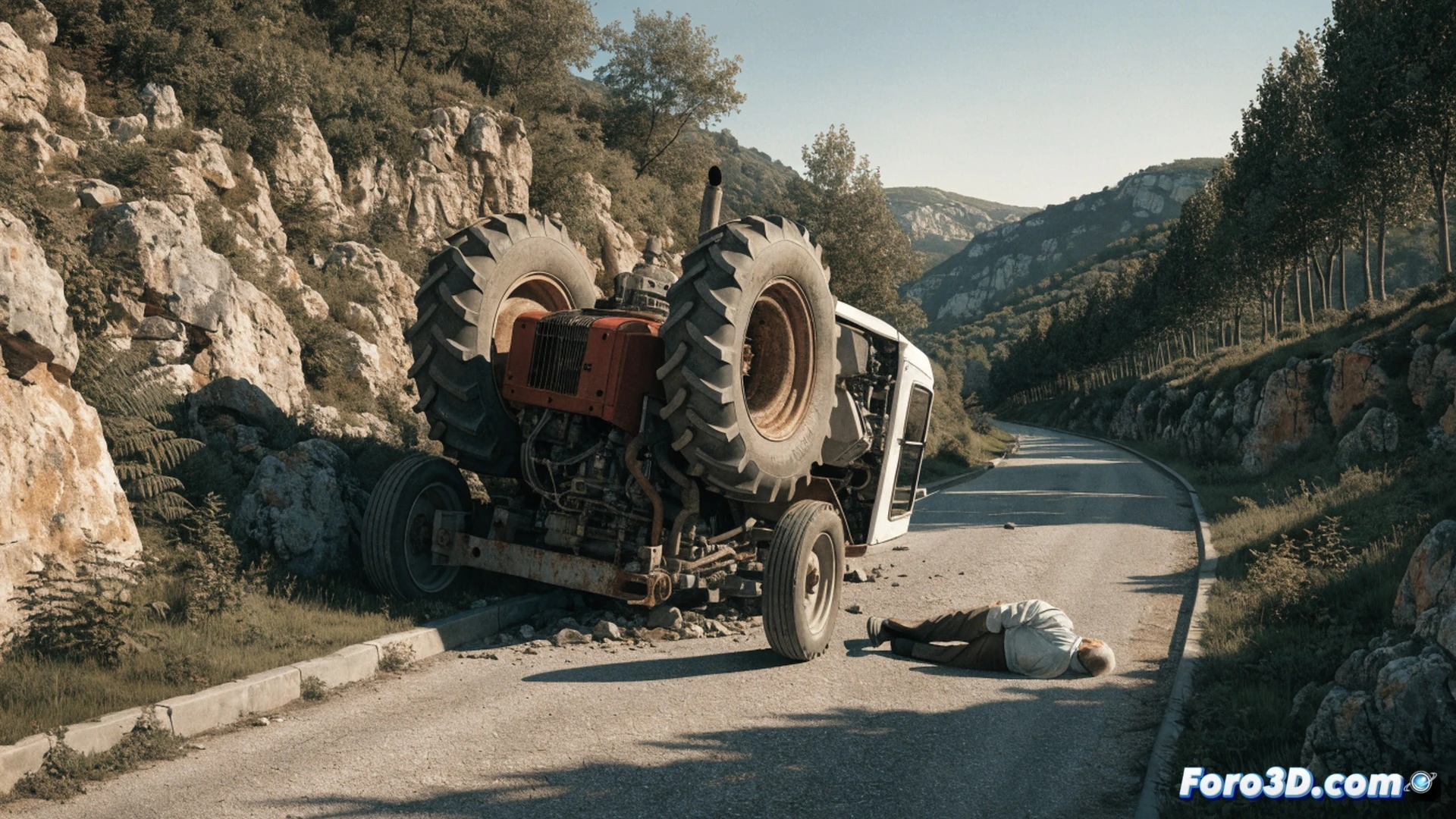 agricultural tractor overturned in a dry rural dirt path near Les Borges Blanques, elderly farmer pinned under the cabin, emergency responders in fluorescent vests performing CPR on the victim, blue and red emergency lights flashing on a rescue vehicle in the background, dust particles suspended in the air, broken glass and scattered tools on the ground, overturned wheel still spinning slowly, dramatic golden hour sunlight casting long shadows, hyperrealistic documentary photography style, cinematic composition, high contrast, gritty texture, 8K ultra-detailed environmental render