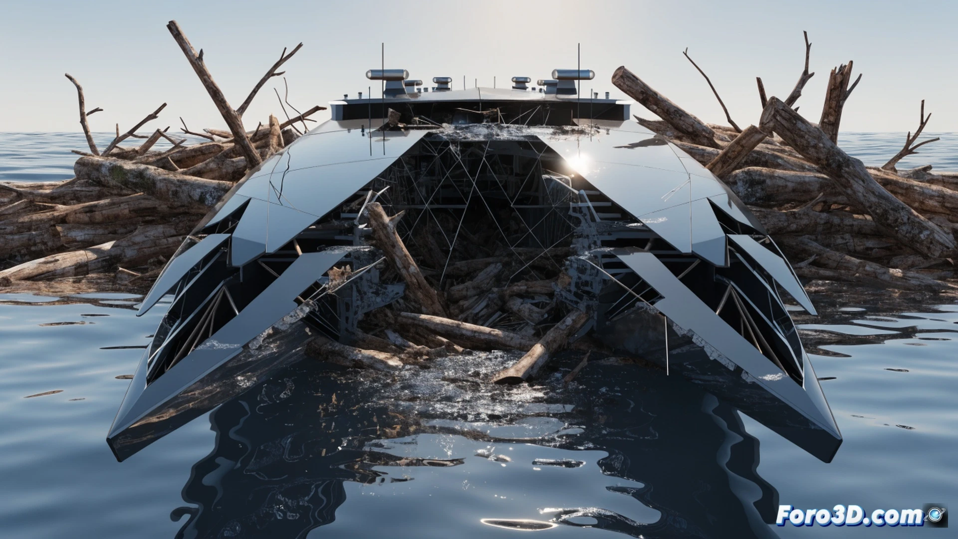 catamaran autonomo de composite partido por la mitad durante impacto con tronco flotante, quilla de fibra fracturada mostrando capas del material, restos de madera incrustados en la estructura rota, agua entrando por la grieta, superficie del mar agitada, herramientas de inspeccion de daños como calibrador y linterna sobre cubierta, cinematic engineering visualization, dramatic lighting, photorealistic technical render, texturas de composite y madera ultra detalladas, fondo de oceano abierto con nubes oscuras