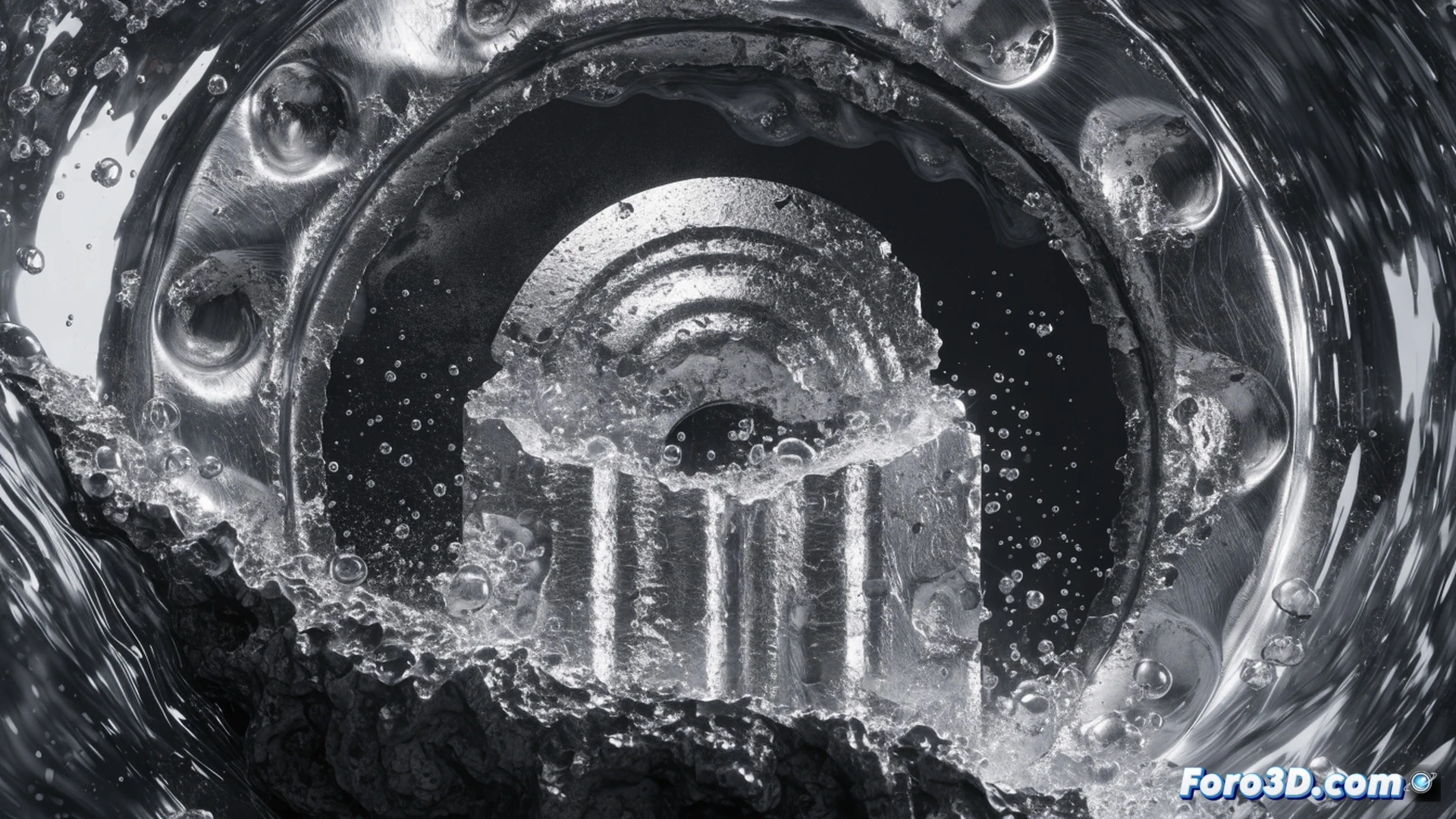 close-up cross-section of a gas pipeline control valve with cage trim, severe cavitation erosion on the valve plug surface, metallic material being torn away by collapsing vapor bubbles, micro-jets striking the seat ring causing deformation, bright high-pressure gas flow transitioning into turbulent liquid-vapor mixture, SolidWorks simulation wireframe overlay showing stress patterns, Blender particle system illustrating bubble collapse trajectories, photorealistic engineering visualization, industrial metallic textures, sharp shadows, dramatic side lighting highlighting pitted metal surfaces, dynamic fluid action with visible shockwave ripples