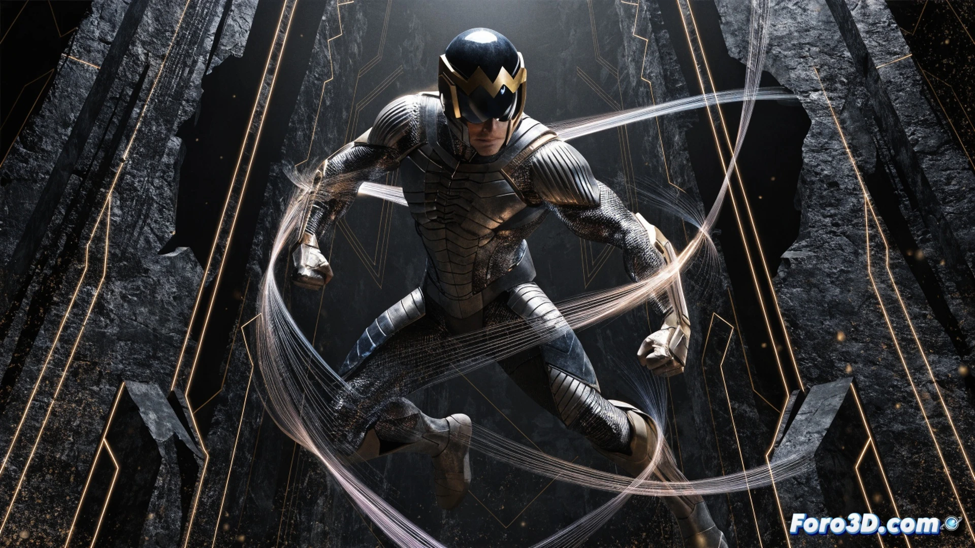 superhero figure mid-air in a dark alley, glowing kinetic energy waves radiating from fists and boots, shattered pavement debris suspended in motion, energy trails forming spiral patterns around the body, comic book panel style with heavy ink shadows and neon blue highlights, cinematic action shot, dramatic low-angle perspective, gritty urban environment with rain-slicked concrete, abandoned factory machinery in background, photorealistic render with cel-shaded accents, dynamic pose showing energy absorption process, metallic costume reflecting faint city lights, smoke and dust particles frozen in time