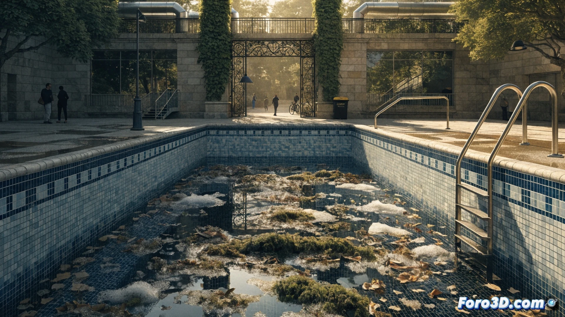 municipal pool water contaminated with organic debris, warning signs posted on locked gate, pool maintenance worker in protective gear pouring disinfectant into filtration system, abandoned pool toys floating in murky water, technical illustration style with cutaway view of underground pipes and filter mechanism, dramatic afternoon sunlight casting long shadows across empty deck, photorealistic engineering visualization