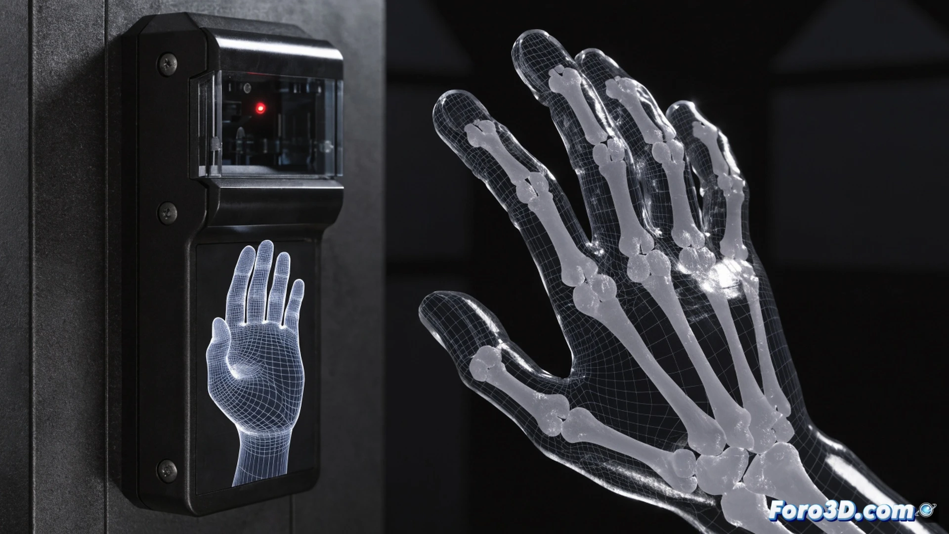 photorealistic technical illustration of a 3D-printed silicone glove pressing against a hand geometry biometric scanner, scanner emitting red laser grid lines across the glove surface, glove showing simulated bone relief texture, laptop nearby displaying Blender and MeshMixer software interfaces with 3D hand model wireframe, researcher wearing nitrile gloves positioning the silicone replica during the authentication attempt, cinematic engineering visualization, dramatic side lighting, reflective metal scanner housing, ultra-detailed silicone material texture, subtle glow from scanner LED indicators