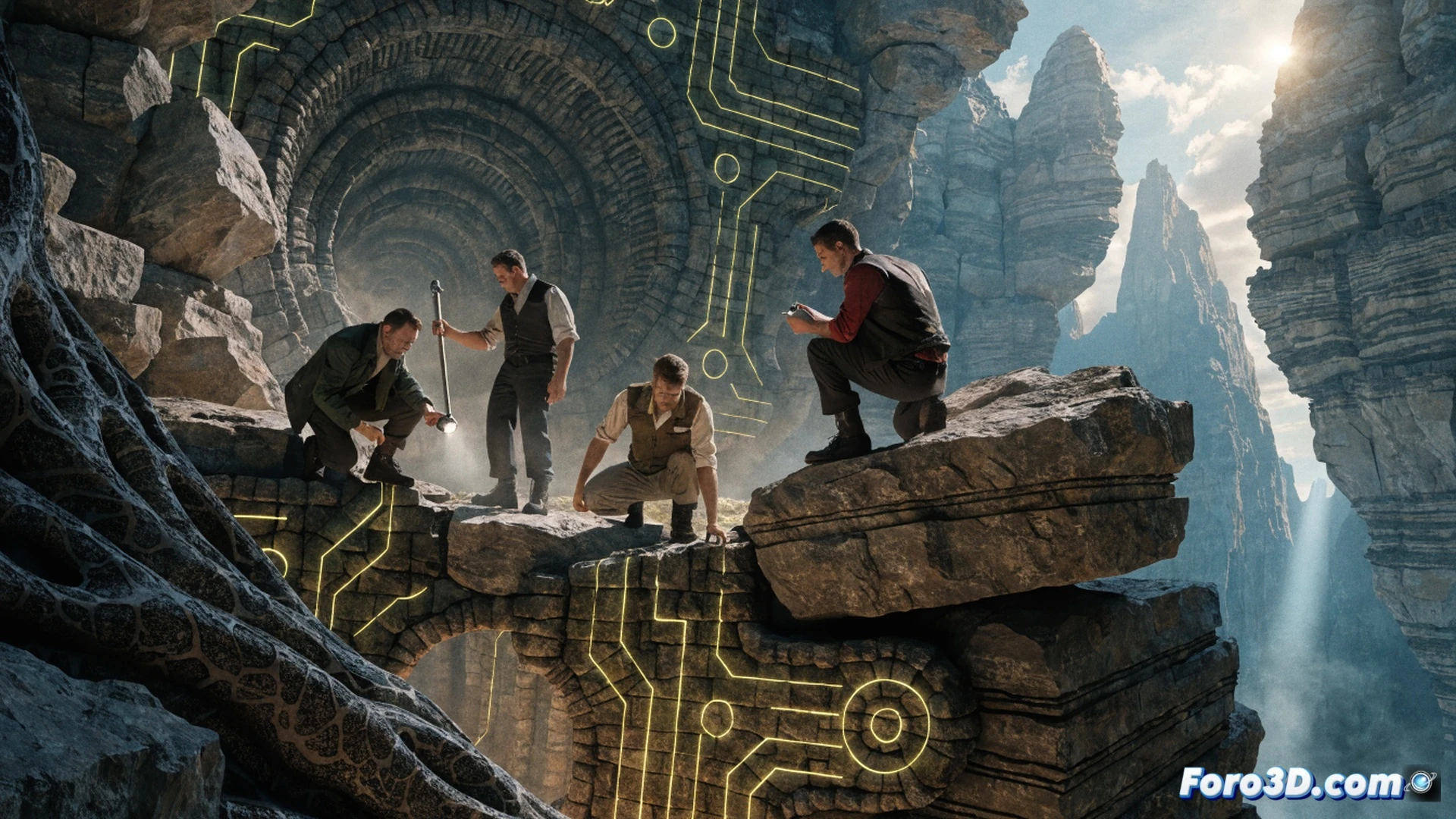 Four men in rugged expedition gear climbing a crumbling stone staircase inside a vast underground cavern, one using a portable spectrometer to scan a glowing crystalline formation, another holding a rusted mechanical device emitting sparks, dust particles suspended in dim light, retro-futuristic diving helmets and leather jackets, 1950s aesthetic mixed with modern photorealism, dramatic side lighting from an unseen energy source, cinematic adventure composition, ultra-detailed textures on worn equipment and rock surfaces, photorealistic technical illustration