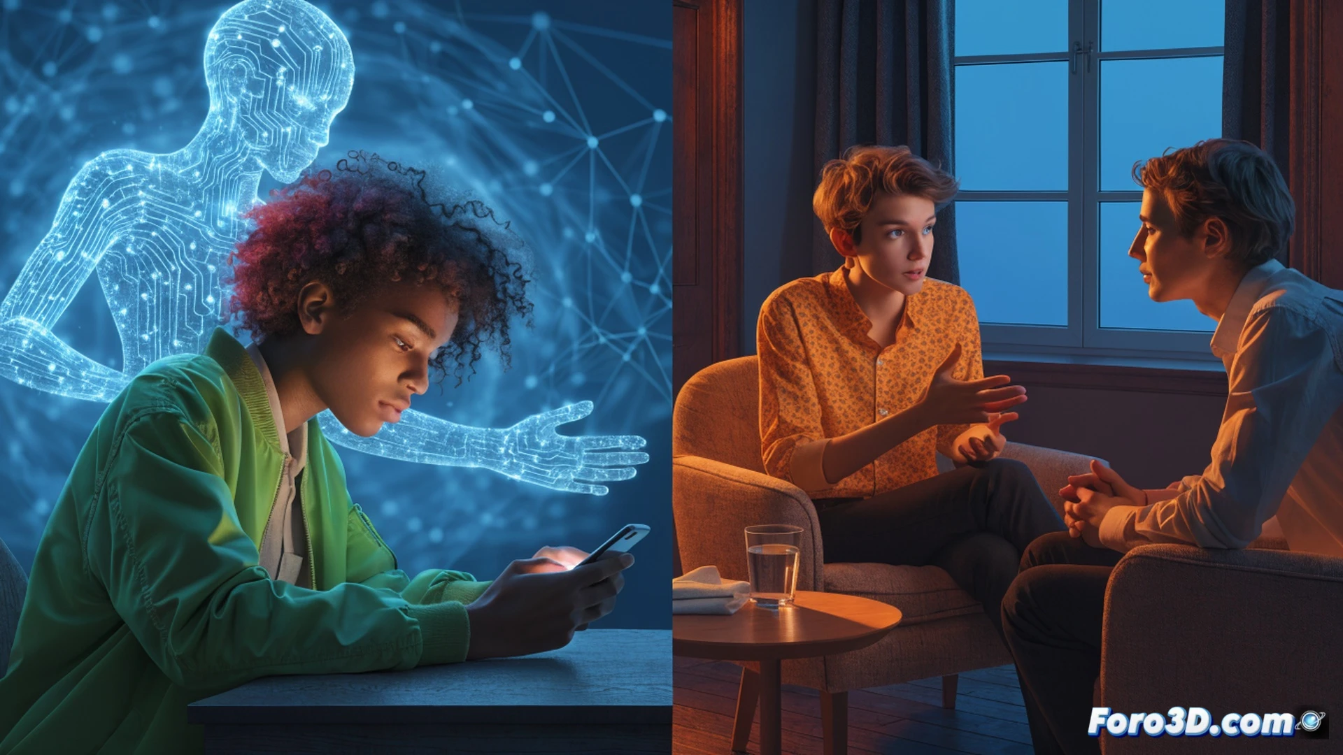 Adolescente sentado en una habitación oscura frente a una pantalla de ordenador, mostrando una interfaz de chatbot con burbujas de diálogo brillantes, mientras sus manos escriben en el teclado, al fondo un padre de pie junto a la puerta observando con expresión preocupada, cables y dispositivos electrónicos sobre la mesa, estilo cinematic photorealistic, iluminación tenue con luces azules y frías del monitor contrastando con cálidas luces amarillas del fondo, adolescente con auriculares, rostro iluminado por la pantalla, atmósfera tensa y reflexiva, realismo técnico detallado