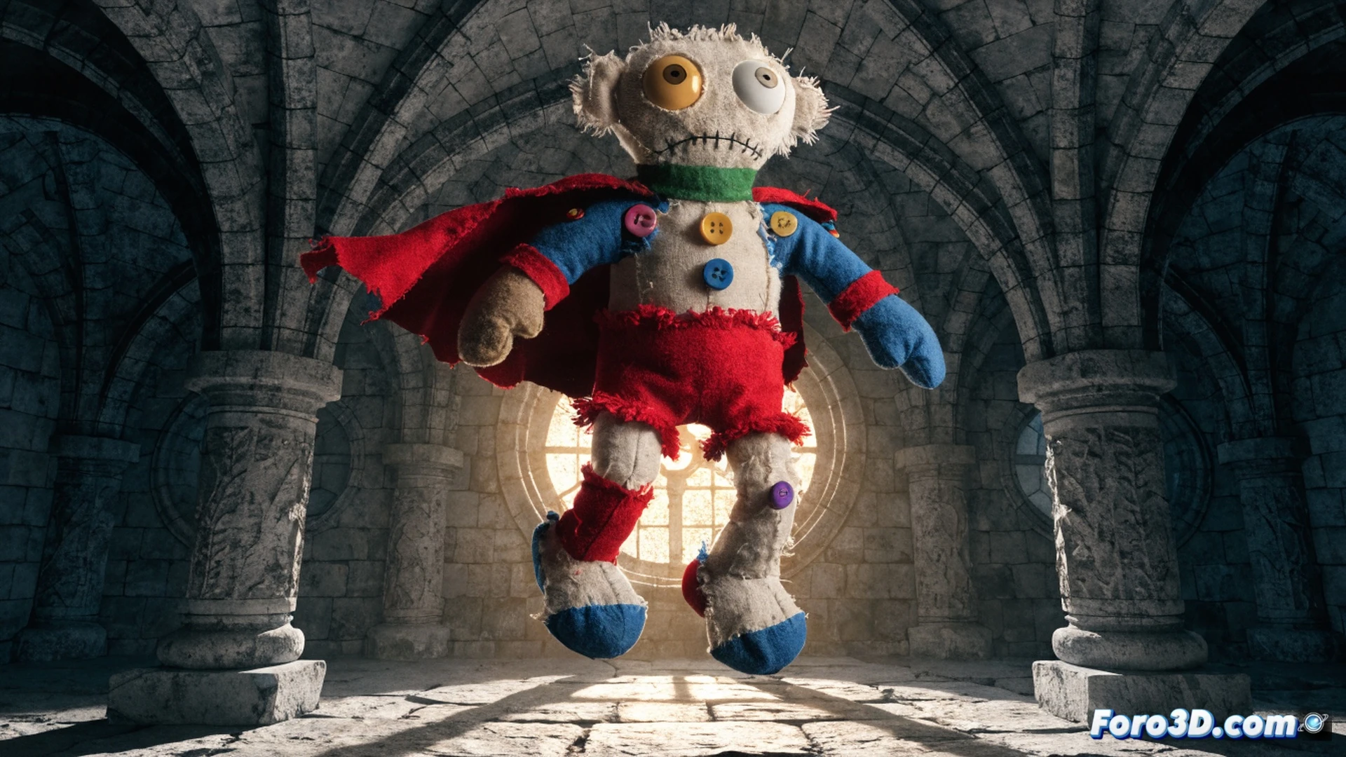 Cheeks the Toy Wonder stuffed doll superhero floating in chaotic alien battlefield, stitched fabric body glowing faintly with limited super-strength, tiny cape fluttering while toy hammer swings toward a robotic alien invader, comic-style action pose, debris and laser beams crossing the scene, dramatic lighting casting long shadows, DC universe Invasion event background with crashed spaceship wreckage and smoke, retro comic book aesthetic with exaggerated expressions and bold colors, cinematic action shot, detailed fabric textures and loose threads, photorealistic character render mixed with stylized sci-fi environment