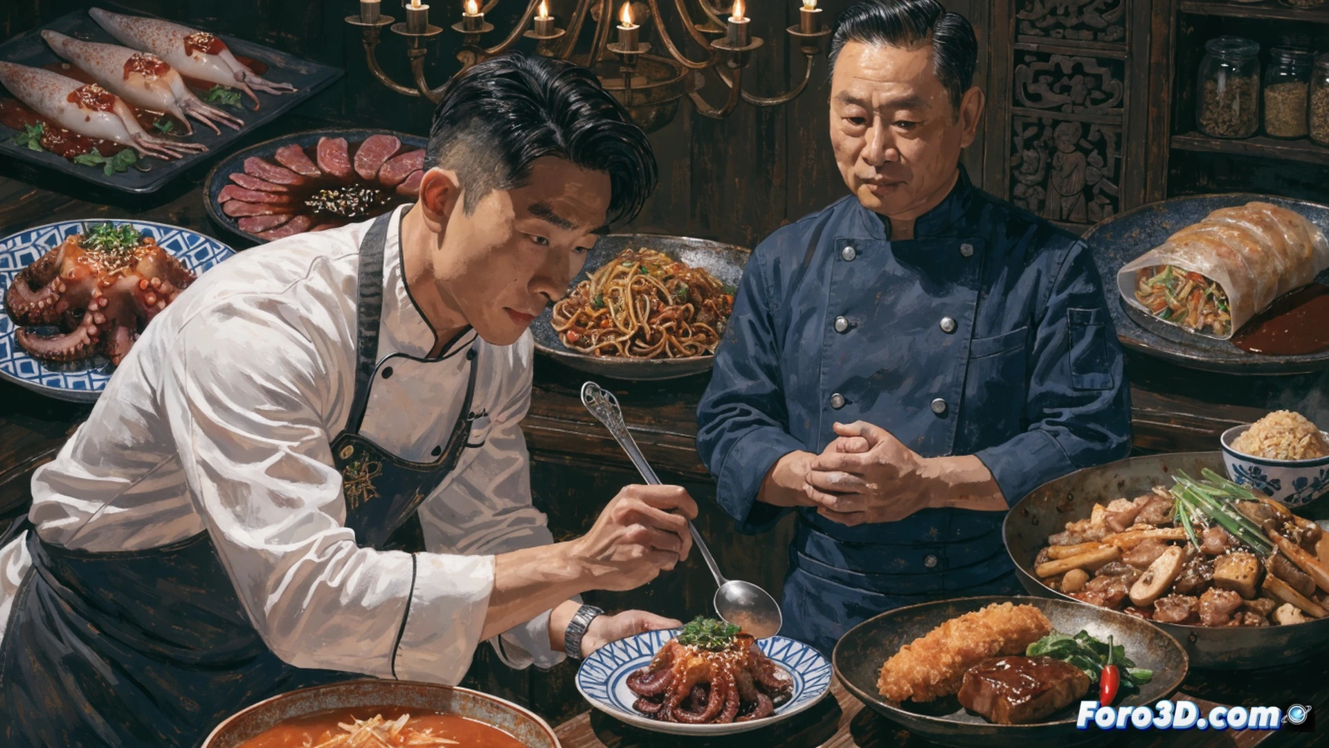 Two chefs in white uniforms plating a dish at a stainless steel counter, one Korean chef using a silver tweezers to place a gochujang-glazed abalone onto a ceramic spoon, the other Cantonese chef pouring a ginger-scallion oil sauce from a small copper pot, steam rising from a bamboo steamer holding dumplings in the background, open kitchen with hanging woks and brass utensils, cinematic photorealistic style, dramatic overhead pendant lights casting warm shadows, polished marble countertop reflecting ingredients, ultra-detailed food textures, professional restaurant kitchen atmosphere, deep focus on hand movements and sauce drizzle.