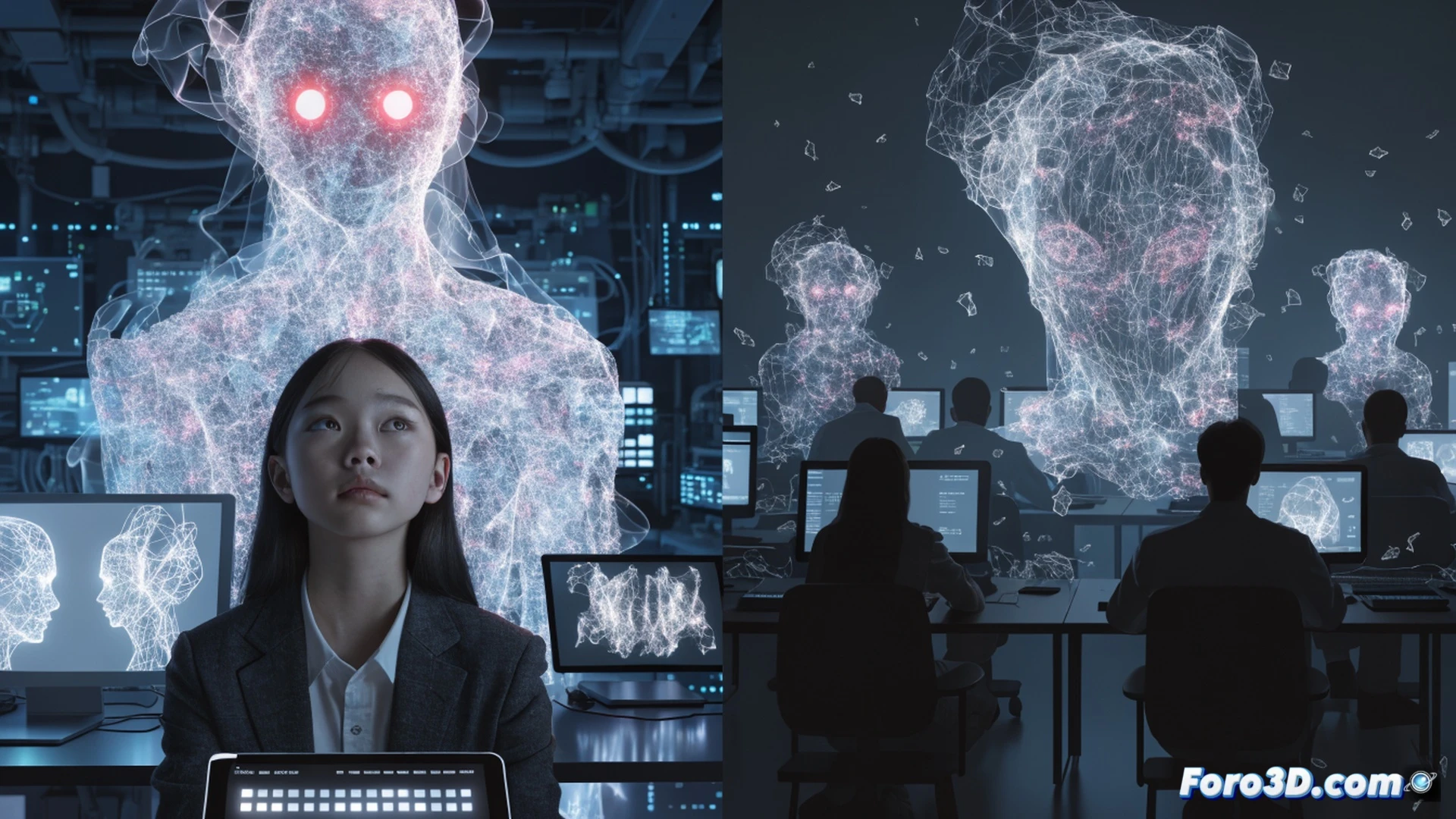 Teenage girl reaching to touch a glowing smartphone screen showing a smiling cartoon face, screen cracks as a red warning symbol appears, robotic hand emerging from phone grabbing girl's wrist to stop her, scattered data sheets and code lines floating in air, dark bedroom with blue LED light strips, cinematic technical illustration, holographic interface displaying AI emotional simulation algorithms with red prohibition stamps, photorealistic digital art, dramatic chiaroscuro lighting, cyberpunk aesthetic, high-contrast shadows, detailed textures on plastic and metal components, action freeze-frame moment