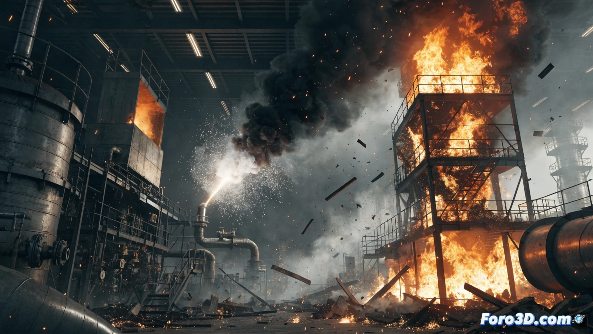 industrial bioethanol distillation plant interior, massive fire erupting from a hot gas purge vent, blue static electricity spark visible at the ignition point, flames spreading along steel pipelines and distillation columns, 3D photogrammetry reconstruction pipeline shown as semi-transparent wireframe overlays, fluid dynamics simulation particles tracing hot gas flow and flame propagation, glowing orange and red fire against dark metallic structures, safety valves and pressure gauges in foreground, dramatic cinematic lighting with smoke and heat haze, ultra-detailed mechanical components, photorealistic engineering visualization