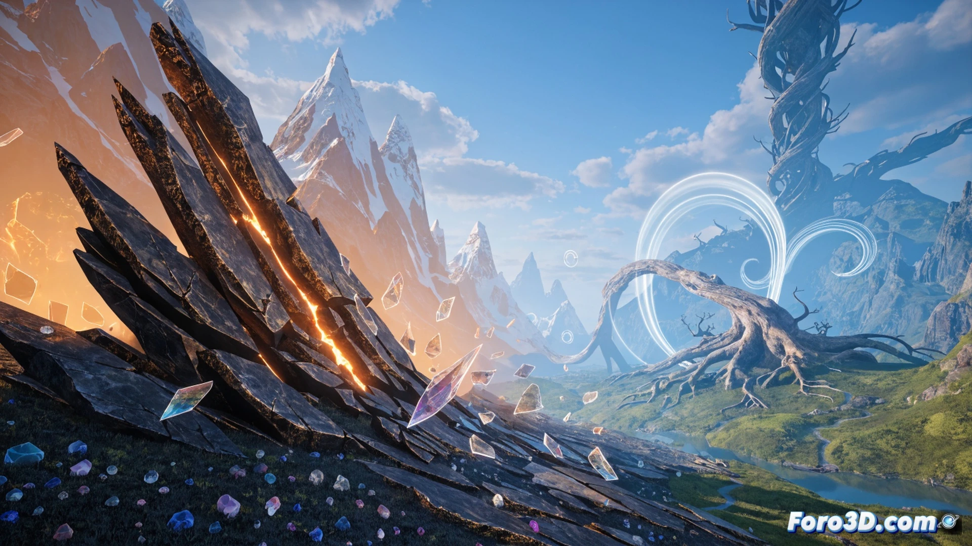 epic fantasy landscape with massive stone ruins twisting and folding mid-collapse, time distortion effect bending pillars and arches into spiral shapes, dynamic seasonal lighting shifting from autumn to winter across the scene, Unreal Engine 5 cinematic visualization, photorealistic textures on cracked marble and frozen vines, particle systems showing floating dust and snowflakes suspended in different time layers, dramatic volumetric light rays breaking through storm clouds, ultra-detailed environment with glowing rift cracks in the ground, real-time geometry deformation demonstrated during the transformation process, high-contrast cinematic atmosphere