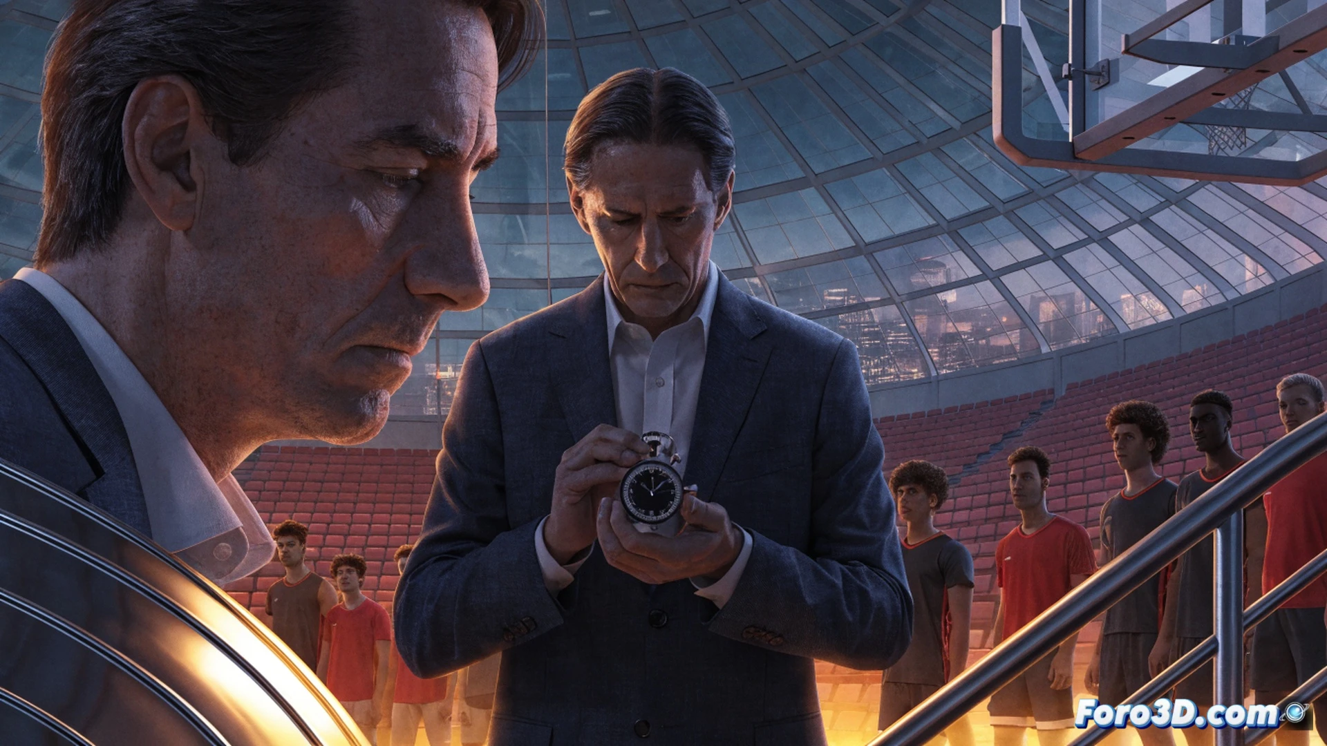 basketball coach Chus Mateo holding a stopwatch in one hand, standing on a basketball court with a digital scoreboard showing zero, players jogging in slow motion during a practice drill, a long timeline drawn on the court floor with future tournament dates marked as small glowing circles, technical illustration style, photorealistic lighting, calm strategic atmosphere, coach pointing forward with a focused expression, minimalist background with wooden court texture, soft arena shadows, cinematic depth of field
