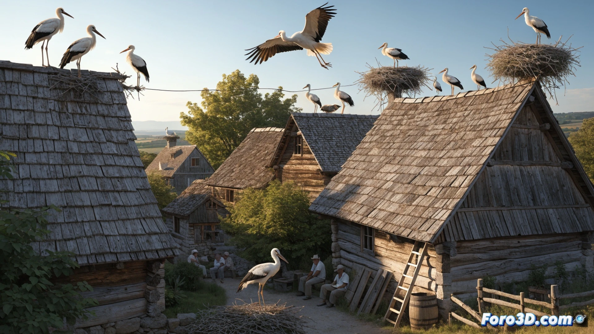 cinematic photorealistic scene of a Croatian village rooftop at golden hour, an elderly man repairing a wooden chimney while a white stork perches on the peak, its nest built from intertwined branches and wires, a young woman photographing the bird with a vintage DSLR camera, solar panels glinting beside a rusty satellite dish, stork feathers drifting past a worn wooden ladder, traditional clay roof tiles contrasting with modern antenna cables, warm amber light casting long shadows, ultra-detailed textures on wood and feathers, peaceful coexistence atmosphere, high-resolution architectural and wildlife detail