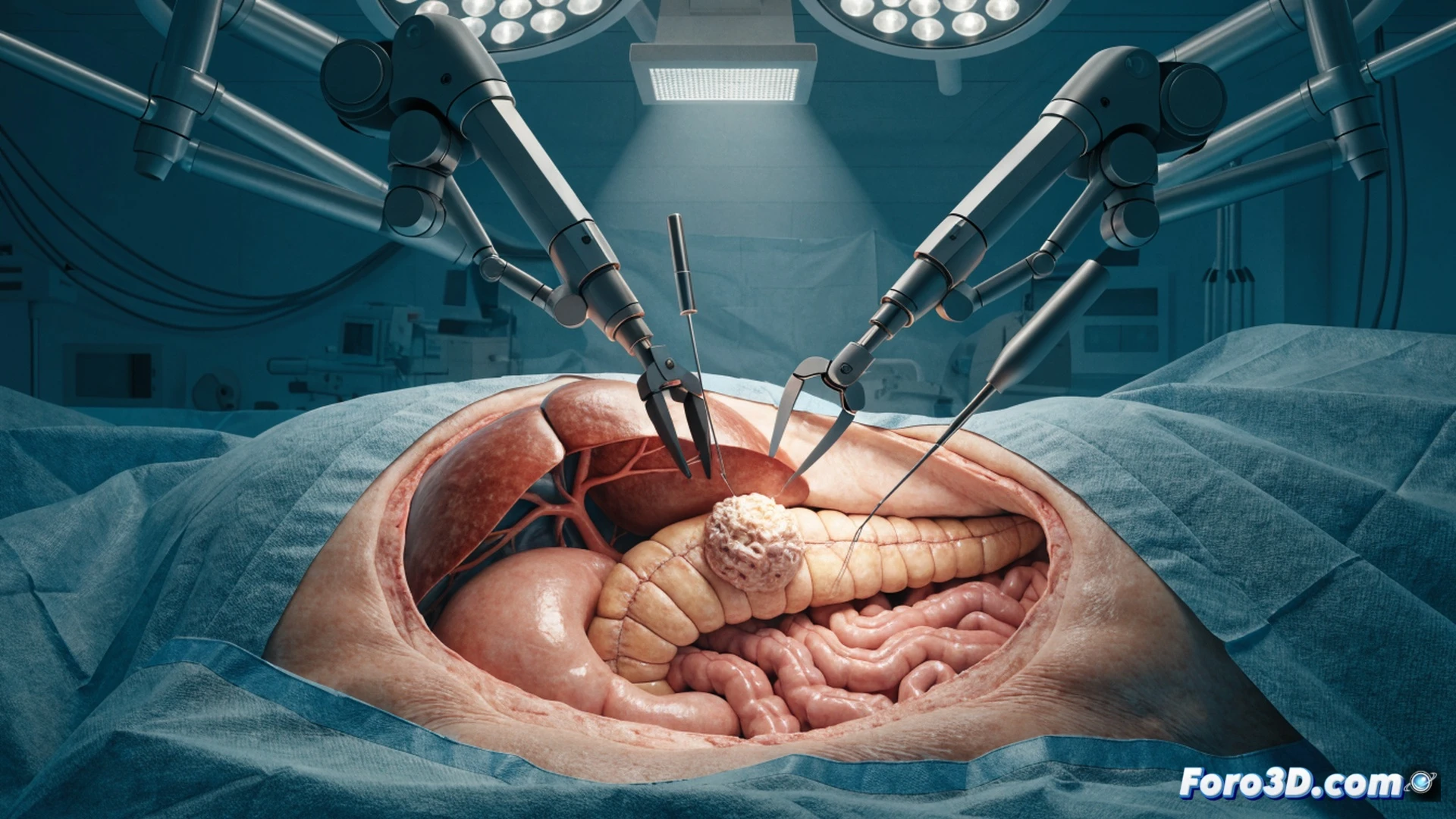surgical robotic arms performing precise dissection on a 3D-rendered pancreas model inside a patient abdomen, elderly patient's torso visible under sterile drapes, surgeon console in background showing magnified tumor removal process, glowing laser scalpel tip cutting tissue, endoscopic camera feed displayed on overhead monitors, blue-white operating room lighting, carbon fiber robotic instruments with articulated joints, medical team in scrubs observing from control station, technical illustration style with photorealistic surgical detail, clean hospital environment, fluid motion of robotic wrists during the nine-hour procedure