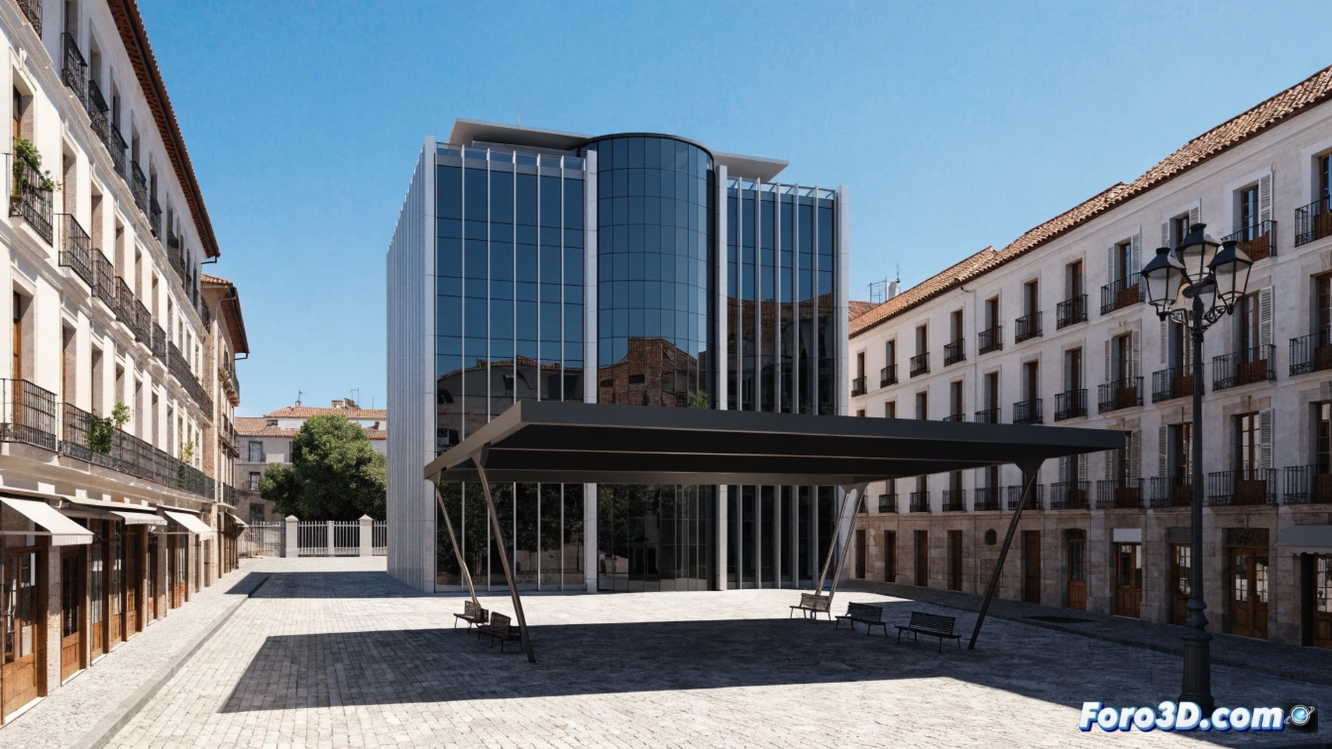 modernist government building facade in Ciudad Real, citizens walking into a single glass entrance labeled with administrative services, large plaza with retractable shade sails being installed by workers on scaffolding, technical illustration style, solar panels on roof, digital kiosk showing tax forms, trees casting dappled shadows, bright midday sun, photorealistic architectural render, wide-angle lens capturing both building and plaza, action of installation and movement visible