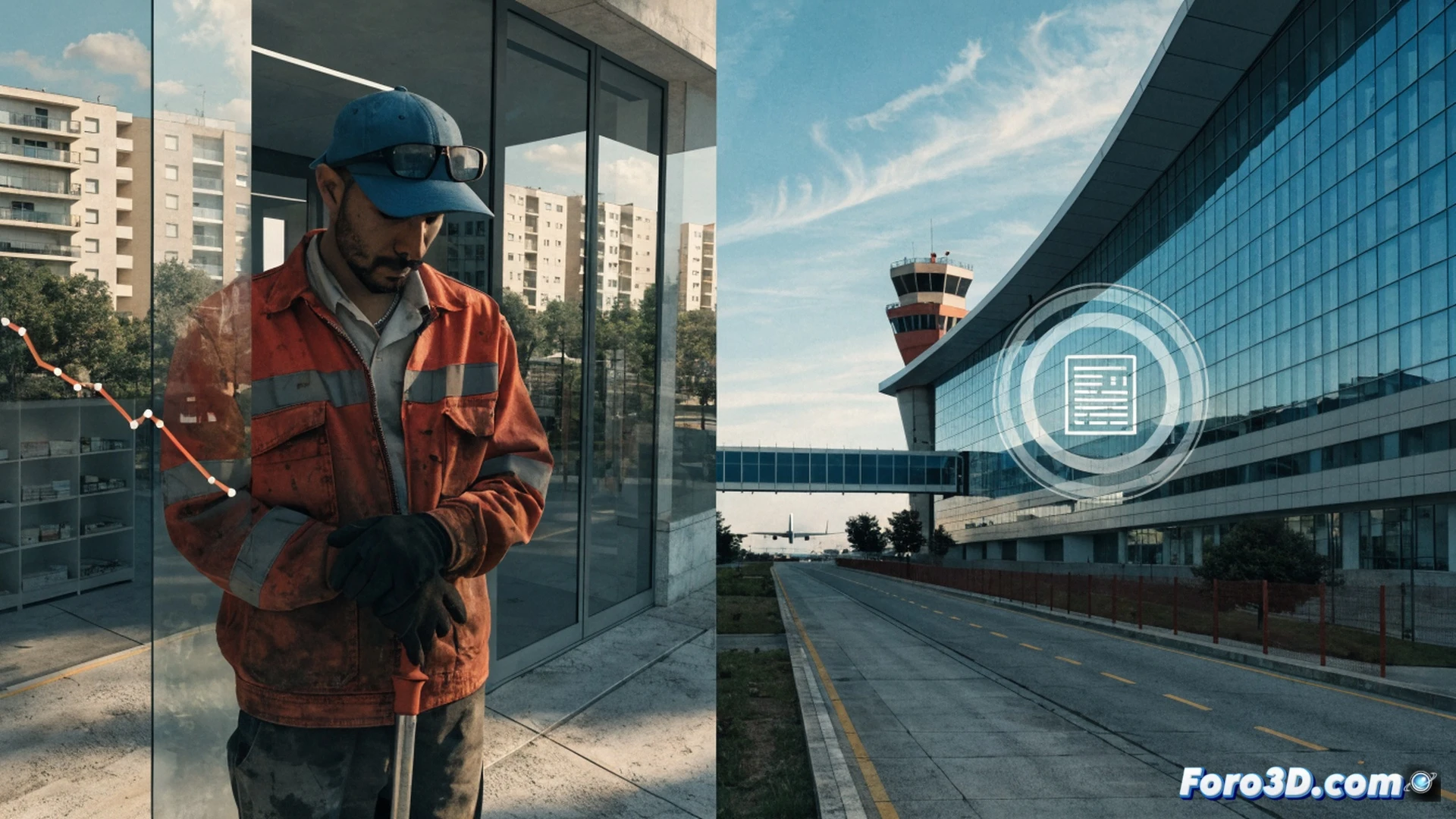 Aerial view of Ciudad Real airport terminal with a crumbling runway and empty parking lots, a digital holographic tax debt chart floating above the control tower showing red negative numbers, a worker in blue coveralls standing near a budget spreadsheet with declining salary figures, cracked asphalt and overgrown weeds breaking through the tarmac, photorealistic cinematic drone shot, harsh midday sun casting long shadows, dust particles suspended in air, hyper-detailed concrete textures, faded yellow runway markings, abandoned luggage carts rusting near the entrance, realistic financial data visualization integrated into the landscape