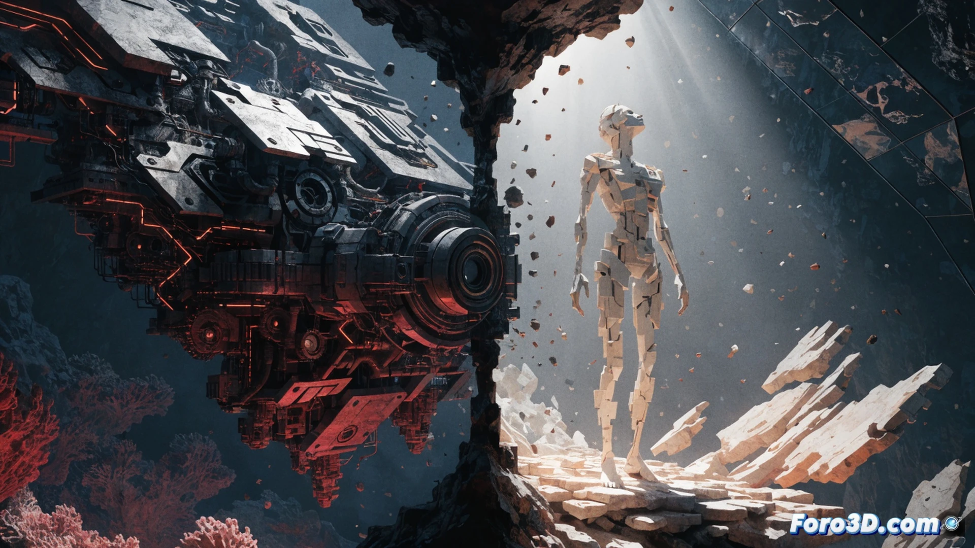 Retro-futuristic video game development workstation, game designer adjusting a glitched minigame on a monitor showing a floating broken bridge, character stuck in a looping jump animation, colorful pixel debris scattering from a deliberately unbalanced puzzle, cracked controller on the desk, exposed circuit board with a soldered wire symbolizing intentional flaws, cinematic technical illustration, warm amber light from the screen contrasting cold blue room shadows, photorealistic render, dust particles floating in the air, motion blur on the spinning cursor, ultra-detailed keyboard with worn keys, dramatic chiaroscuro lighting