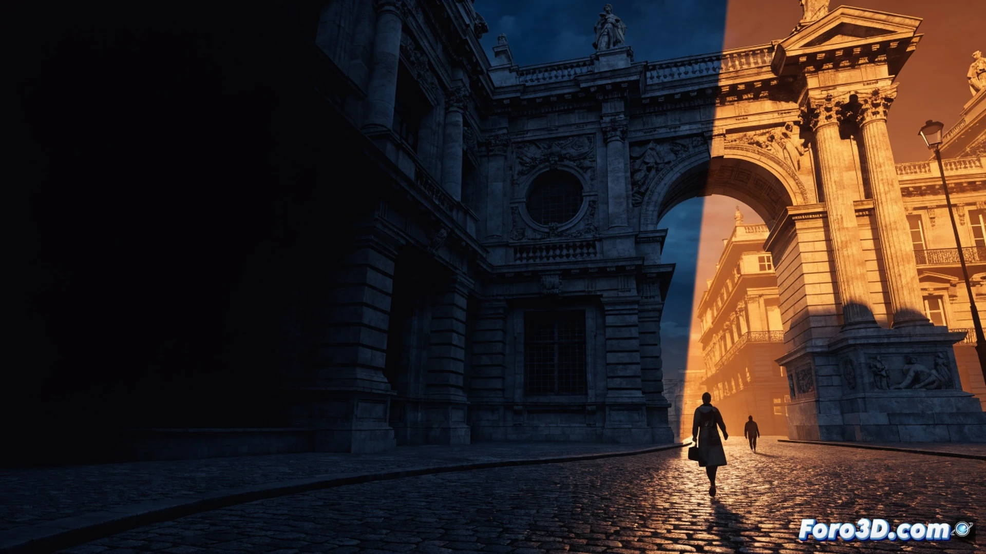 Belle Époque Paris street at twilight, neoclassical stone facade with ornate iron balconies, Lumen global illumination casting surreal blue shadows across cobblestones, glowing gas lamps reflecting in puddles, protagonist with mechanical gauntlet aiming a glowing rifle, particles of dust and ember suspended in air, Unreal Engine 5 photorealistic render, hyper-detailed architectural carvings, aggressive chromatic contrast between deep indigo and amber, cinematic action scene, motion blur on a swinging pendulum street sign, technical demonstration of real-time lighting and material complexity, dramatic volumetric fog, stylized dark fantasy atmosphere