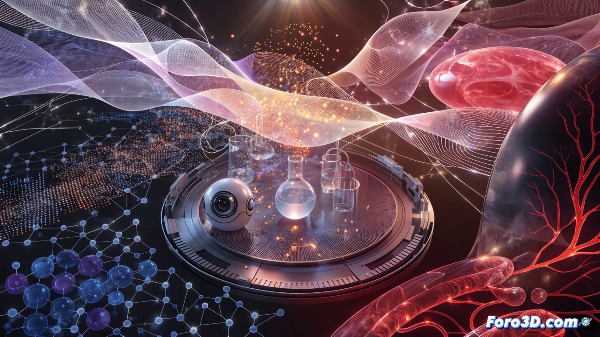 A scientist organizing complex molecular data on a transparent holographic interface, glowing chemical structures rotating above a lab bench, a robotic arm adjusting a microscope slide during real-time analysis, sleek minimalistic Linux terminal displaying scrolling code and data graphs, scientific figures and charts materializing in mid-air as verified results, cinematic photorealistic technical illustration, cool blue and cyan lighting, high-contrast shadows, polished metal and glass surfaces, ultra-detailed laboratory environment, dramatic volumetric light beams from overhead fixtures