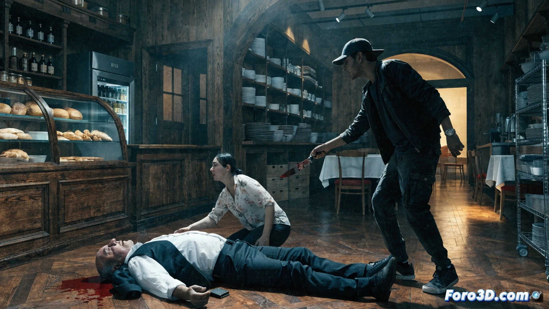 cinematic scene inside a pizzeria, middle-aged pizzeria owner behind counter, hand raised in refusal, aggressive male customer lunging forward with a knife, sister intervening with outstretched arm, pizza boxes and ingredients scattered, neon sign flickering, blood spatter on tiled floor, overturned metal stool, security camera overhead, photorealistic crime scene reconstruction, dramatic overhead lighting, forensic-style clarity, tension in the moment of assault, dark red and cool blue tones, ultra-detailed textures of leather jacket and kitchen surfaces