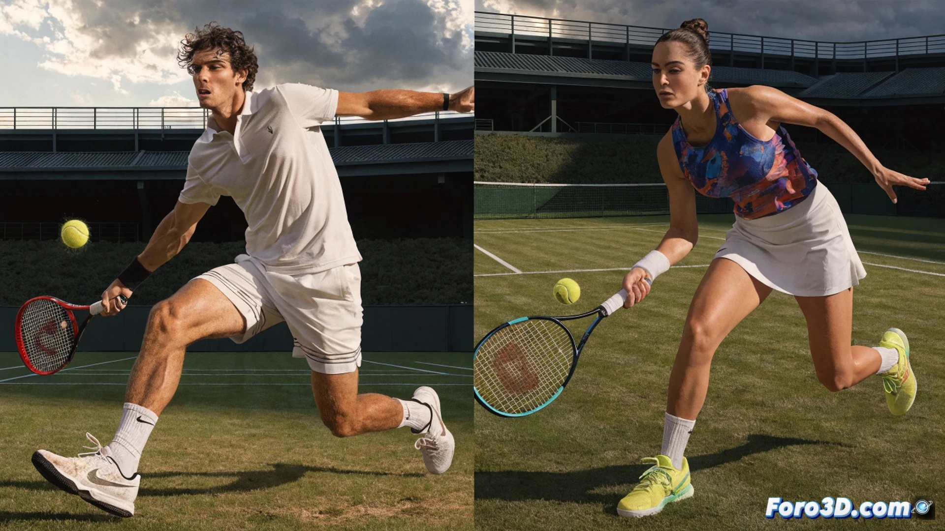 Italian tennis players Cobolli and Paolini celebrating on Wimbledon grass court, Cobolli clutching his stomach in exhaustion after five-set victory, Paolini raising her racket in triumph, Centre Court crowd cheering wildly, dramatic sunlight breaking through clouds, grass court texture visible, tennis net with Wimbledon logo, photorealistic sports photography style, high contrast lighting, motion blur of ball boys running, emotional victory moment, ultra-detailed facial expressions, cinematic composition