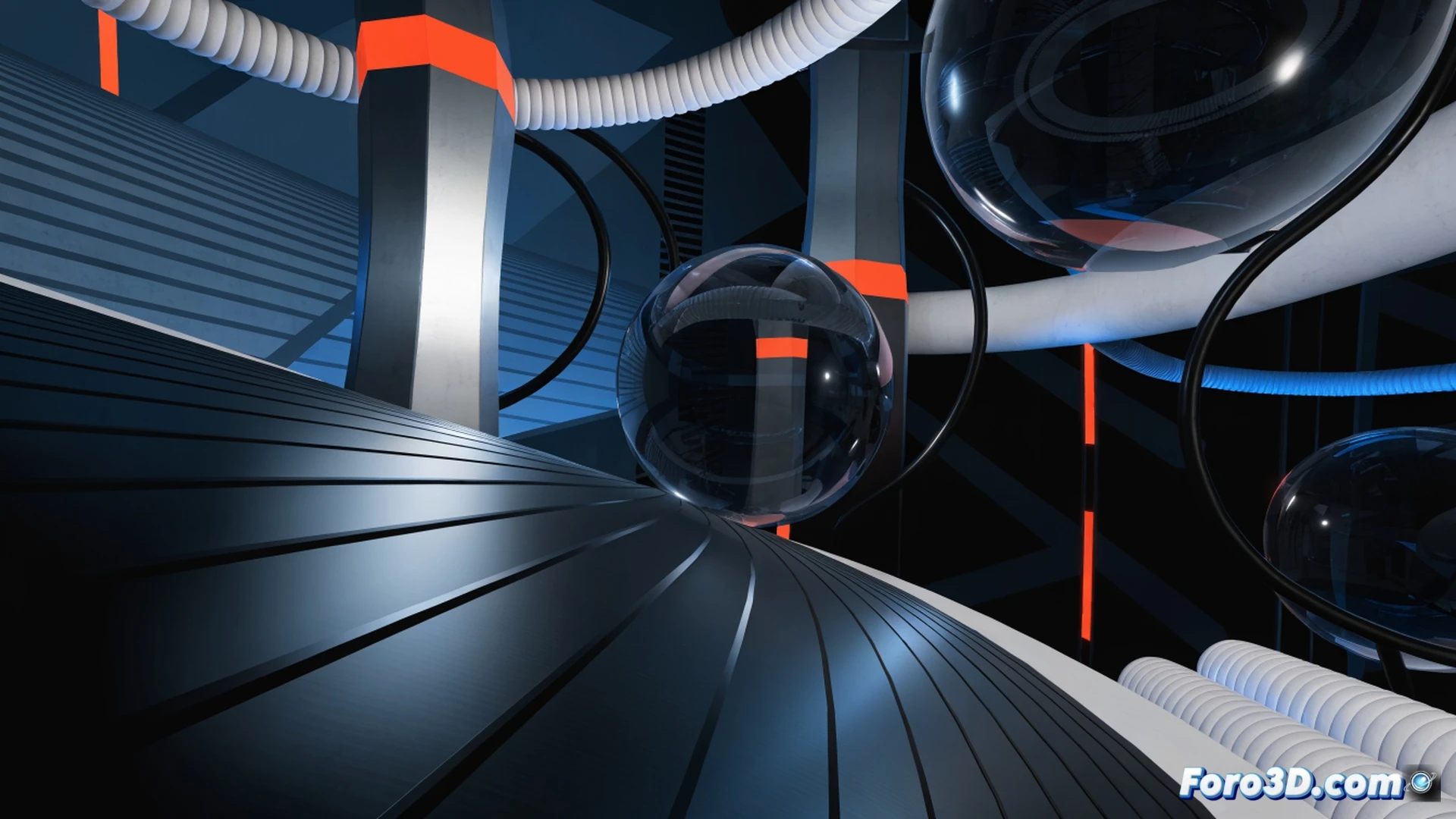 floating spherical world with clean geometric platforms suspended in void, player character leaping between translucent spheres while blue-white energy trails connect the jump arcs, minimal industrial alien architecture with glowing orange accent lines, smooth metallic surfaces and organic curved edges blending together, vibrant magenta and teal lighting from sphere interiors casting sharp shadows on angular platforms, Unity engine development interface elements faintly visible as wireframe overlays showing collision boundaries and particle systems, cinematic technical visualization with dramatic volumetric fog, photorealistic rendering style emphasizing material clarity and spatial depth, action of mid-air transition between spheres demonstrated with motion trail particles