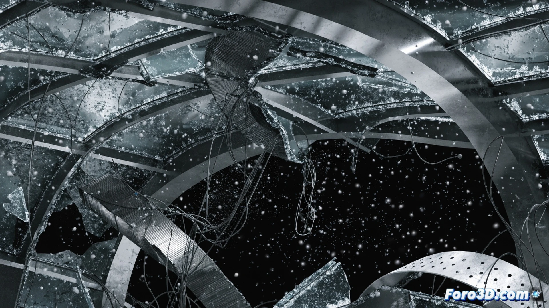 Technical illustration of an aquarium glass cover collapsing under hailstorm, asymmetric hail impacts on stainless steel profiles causing flexural-torsional buckling, cracked glass fragments suspended mid-air, steel beams bending and twisting under uneven load, photogrammetry grid lines overlaying the scene, Ansys finite element analysis color map showing stress concentration zones in red, cinematic engineering visualization, industrial lighting, ultra-detailed metal and glass textures, photorealistic render