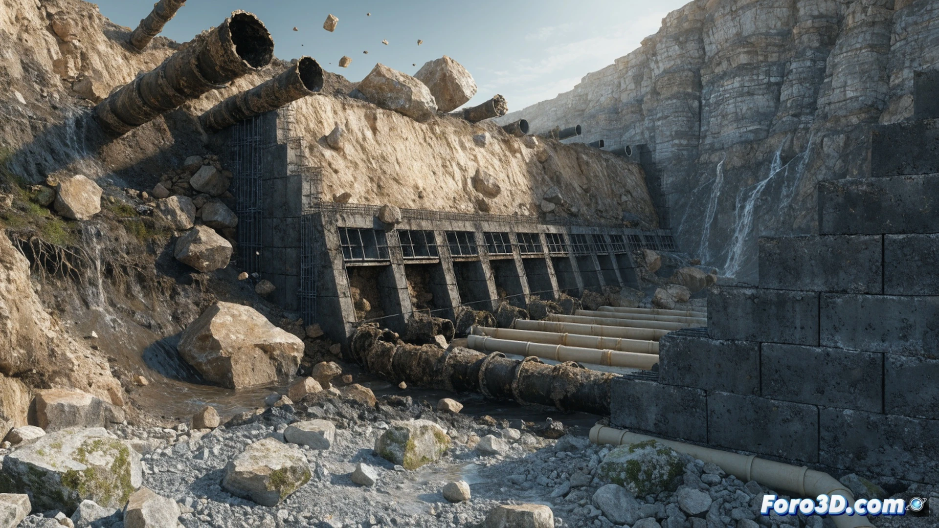 engineering visualization of a collapsed retaining wall with buttresses, soil saturation visible as water seeping through cracked earth behind the wall, tilted concrete buttresses showing structural failure, drainage pipe clogged with debris and sediment, water pooling on the saturated ground, active hydrostatic pressure indicated by dark wet soil lines pushing against the wall, cinematic technical illustration, photorealistic render, dramatic overcast lighting, wet concrete surfaces, mud and water droplets in motion, ultra-detailed crack patterns on the wall face, realistic soil texture, demonstrating hydraulic failure process