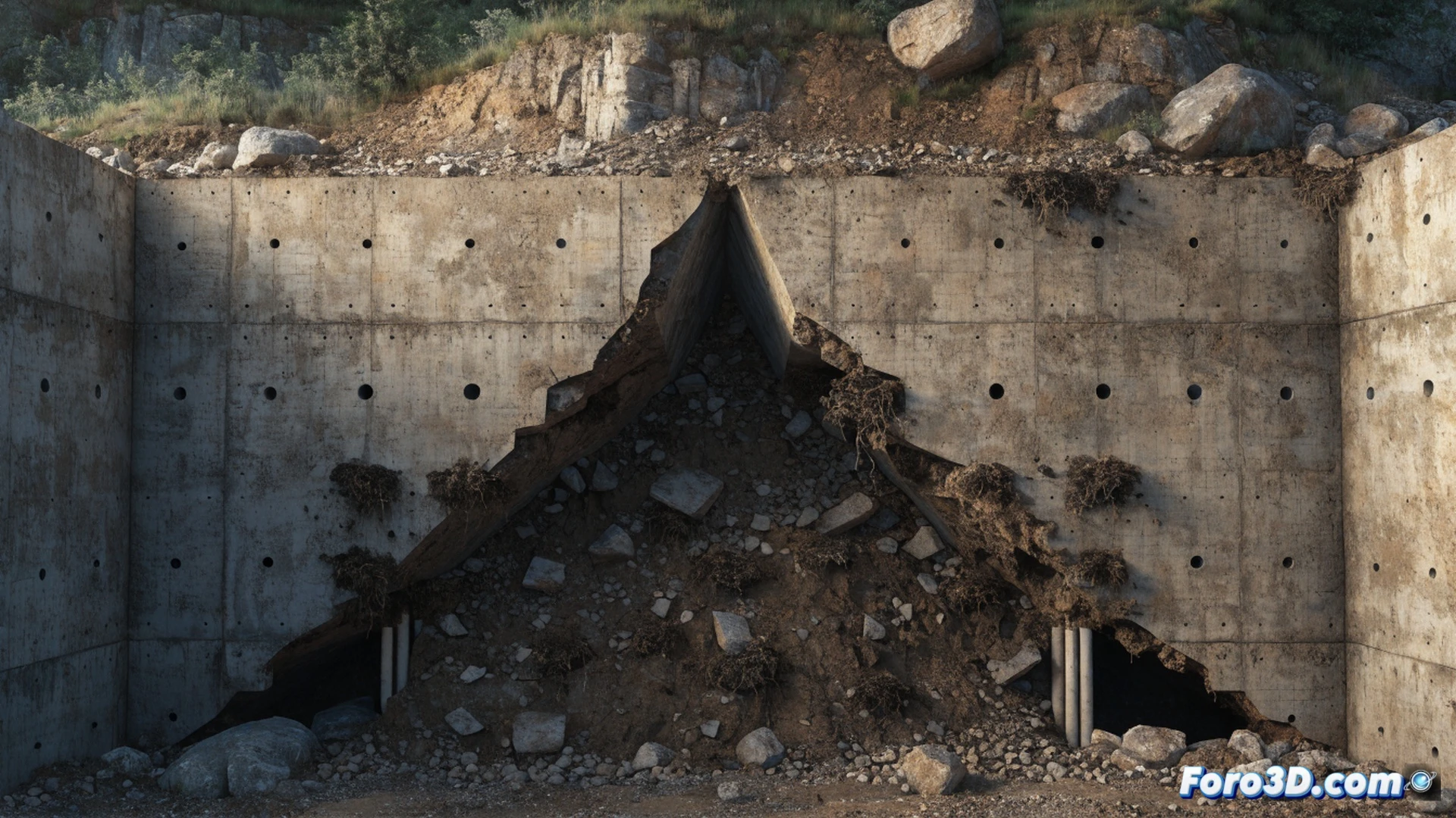 collapsing gravity retaining wall failure sequence, drainage pipe clogged with sediment and roots causing hydrostatic pressure buildup, wall tilting forward with visible rotation at base, soil cracking behind wall and sliding over top, cracked concrete surface with water seepage stains, Plaxis 3D simulation model overlay showing active earth pressure vectors and displacement contours, ContextCapture 3D mesh of wall and terrain integrated with finite element results, technical engineering visualization, photorealistic structural render, dramatic side-angle view, high detail concrete texture, realistic soil layers, warning orange-red stress gradients, cinematic industrial lighting, ultra-detailed construction materials