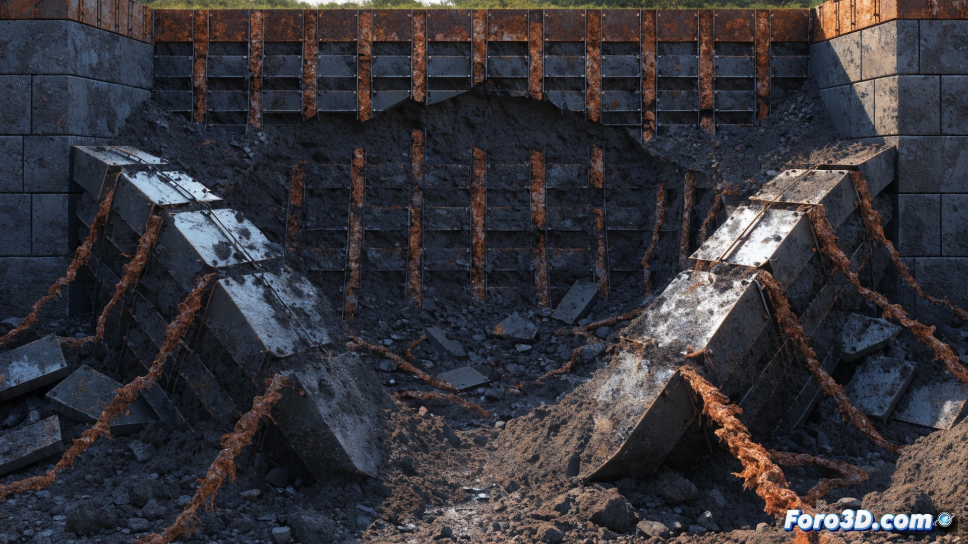 A reinforced soil retaining wall mid-collapse, corroded steel strips fracturing under tension, concrete facing panels detaching and falling, exposed rusted metal ribbons peeling from the soil mass, water seepage staining the eroded backfill, dramatic dust cloud rising, cracked pavement above the wall sagging, cinematic engineering visualization, photorealistic structural failure scene, dramatic side lighting highlighting orange corrosion and grey concrete debris, ultra-detailed material textures, tension cracks propagating through the soil, industrial hazard atmosphere