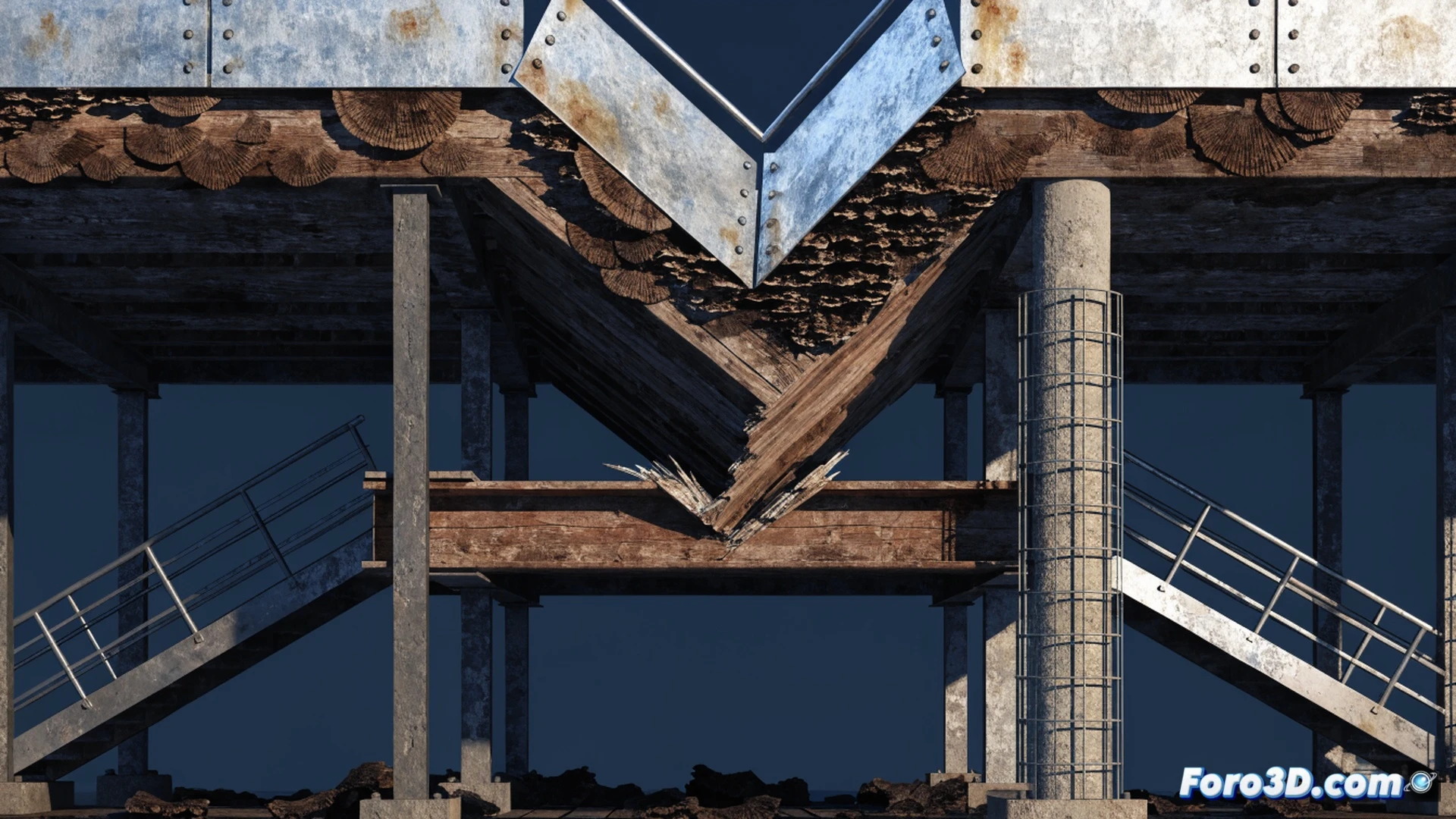 wooden footbridge collapse forensic reconstruction, wooden beam support failing in shear fracture, hidden fungal decay exposed under steel connection plate, cracked timber fibers splintering during failure sequence, digital 3D model wireframe overlay showing stress concentration at decayed zone, structural engineer inspecting broken cross-section with magnifying glass and moisture meter, photorealistic engineering visualization, warm wood tones contrasting with cold steel, dramatic side lighting revealing internal rot, ultra-detailed wood grain and fungal discoloration, cinematic technical illustration