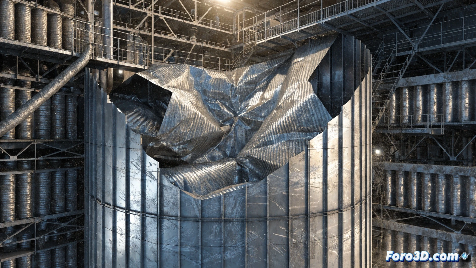 large industrial silo collapse scene, steel plate buckling inward with deep dent and suction deformation, dust and fine cement particles being pulled toward the damaged vent filter area, photogrammetry markers visible on the silo surface, Pix4Dmapper interface shown on a rugged laptop in foreground, engineer inspecting the dent with a flashlight, yellow hard hat and safety vest, dramatic side lighting casting sharp shadows on corrugated metal, photorealistic engineering visualization, industrial concrete floor, scattered debris, structural failure documentation, ultra-detailed steel texture, cinematic technical illustration