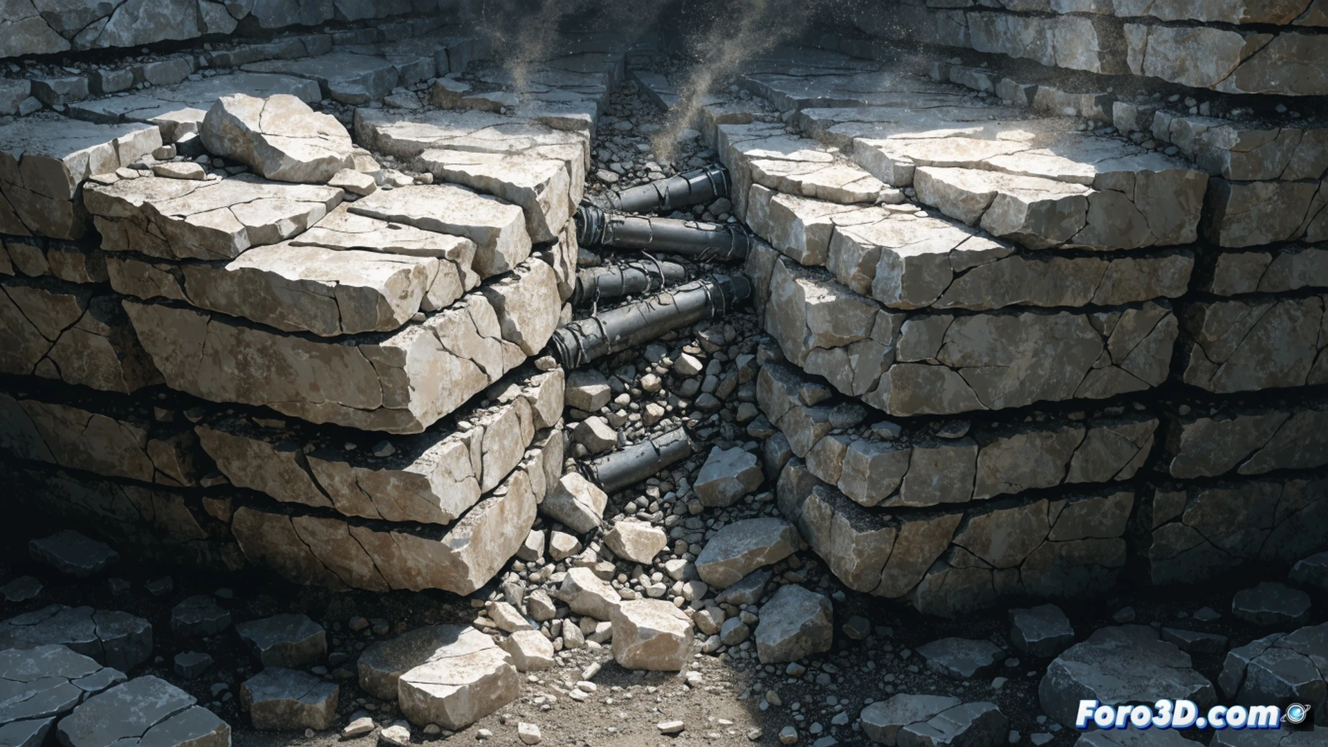 Subsurface cutaway view showing a gas extraction well with steel casing pipe sheared and fractured by lateral tectonic fault movement, rock layers sliding past each other while the deformed casing buckles and splits open, gas escaping through the rupture, geotechnical simulation software interface visible as glowing wireframe stress analysis overlays the rock strata, cinematic engineering visualization, dramatic underground lighting with warm gas leaks and cold rock tones, photorealistic technical render, ultra-detailed geological textures and metallic pipe surfaces