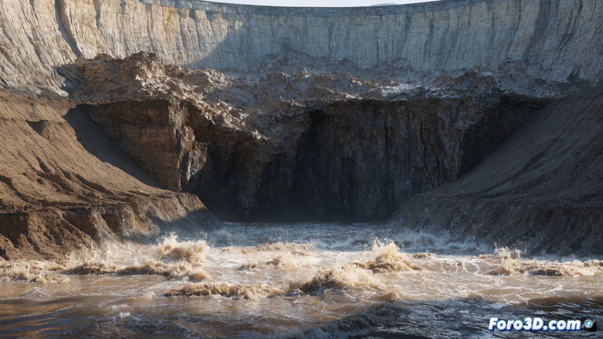 geotechnical failure simulation of a silica sand retaining wall collapsing, saturated ground undergoing liquefaction, active earth pressure pushing the wall forward, cracks spreading across the concrete surface, Plaxis 3D model interface visible on a tablet in the foreground, ContextCapture point cloud data floating as holographic overlays, muddy water seeping through the base, tilted steel reinforcements exposed, cinematic engineering visualization, dramatic low-angle shot, photorealistic industrial lighting, ultra-detailed soil mechanics, debris and sediment in motion