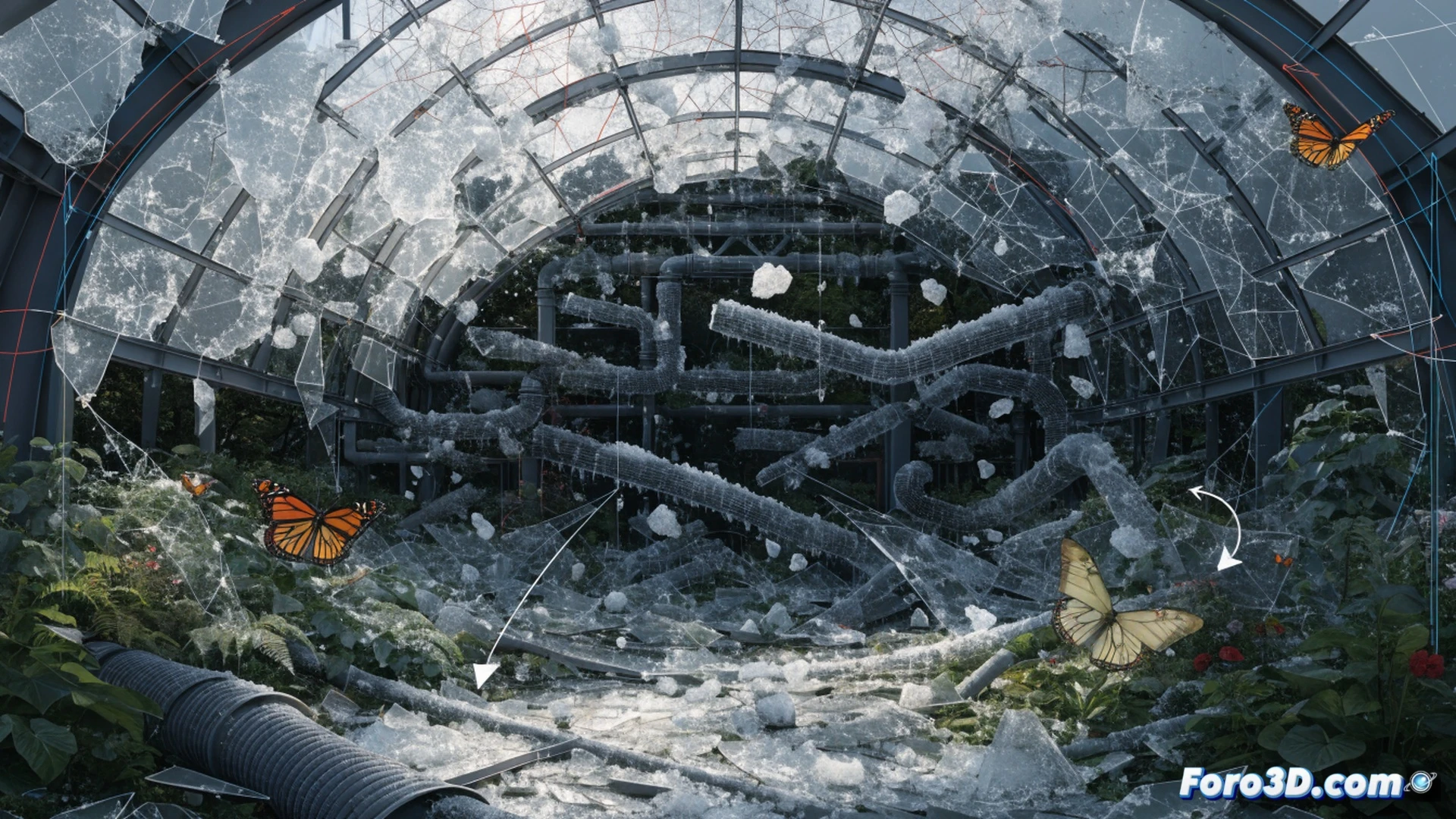 collapsed butterfly garden dome structure during hailstorm, shattered glass panels falling inward, twisted stainless steel tubes showing flexural-torsional failure at joints, asymmetrical hail impact patterns visible on deformed frame, digital twin analysis software interface floating in foreground with structural stress heatmap overlay, red and orange failure zones highlighted, engineers examining fracture surfaces with portable microscope, scattered hailstones on crushed plants inside, cinematic engineering visualization, dramatic storm lighting with dark clouds, photorealistic technical render, ultra-detailed metal fracture textures, glowing digital inspection markers